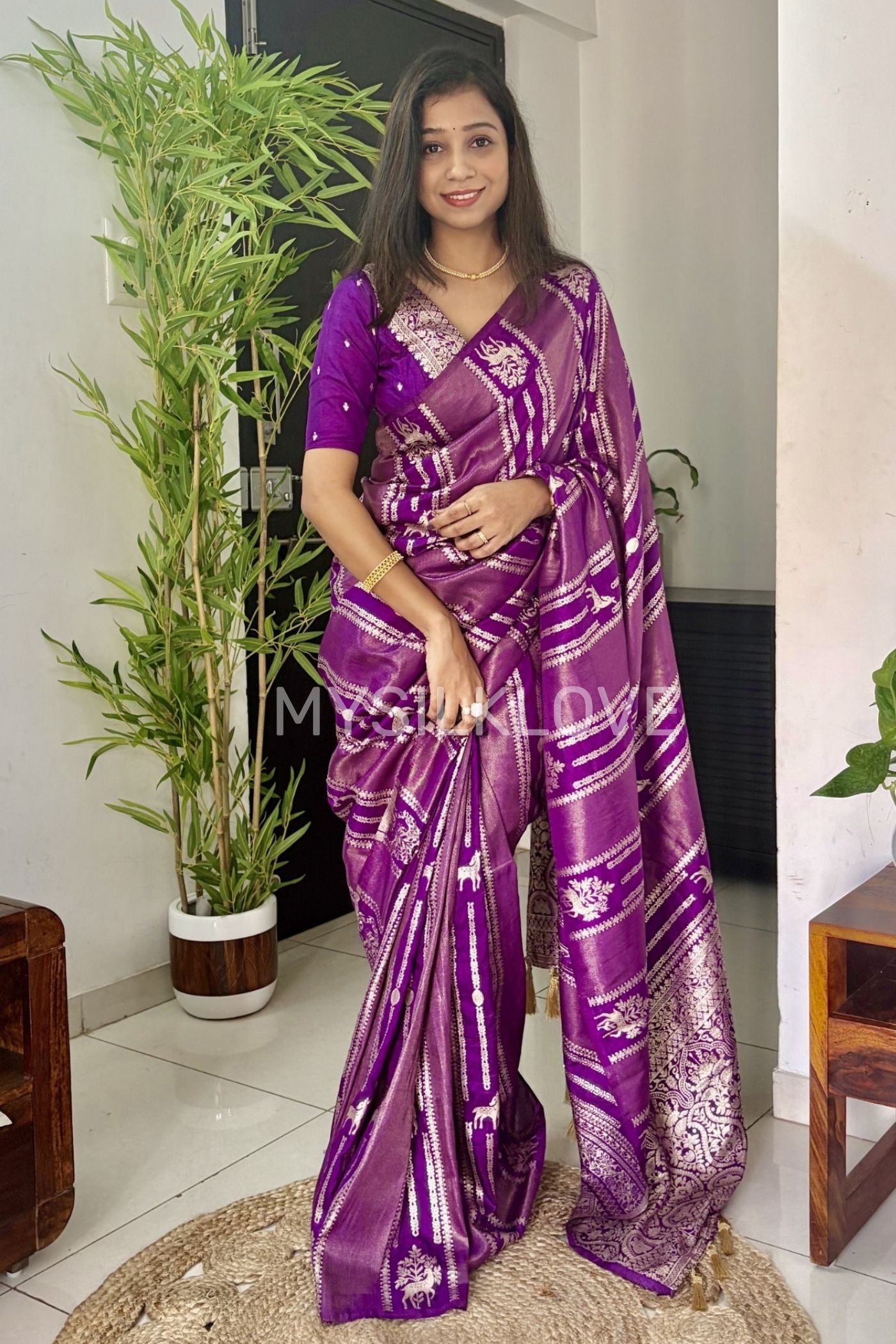 Buy MySilkLove Brinjal Purple Deer Design Woven Banarasi Silk Saree Without Blouse Online