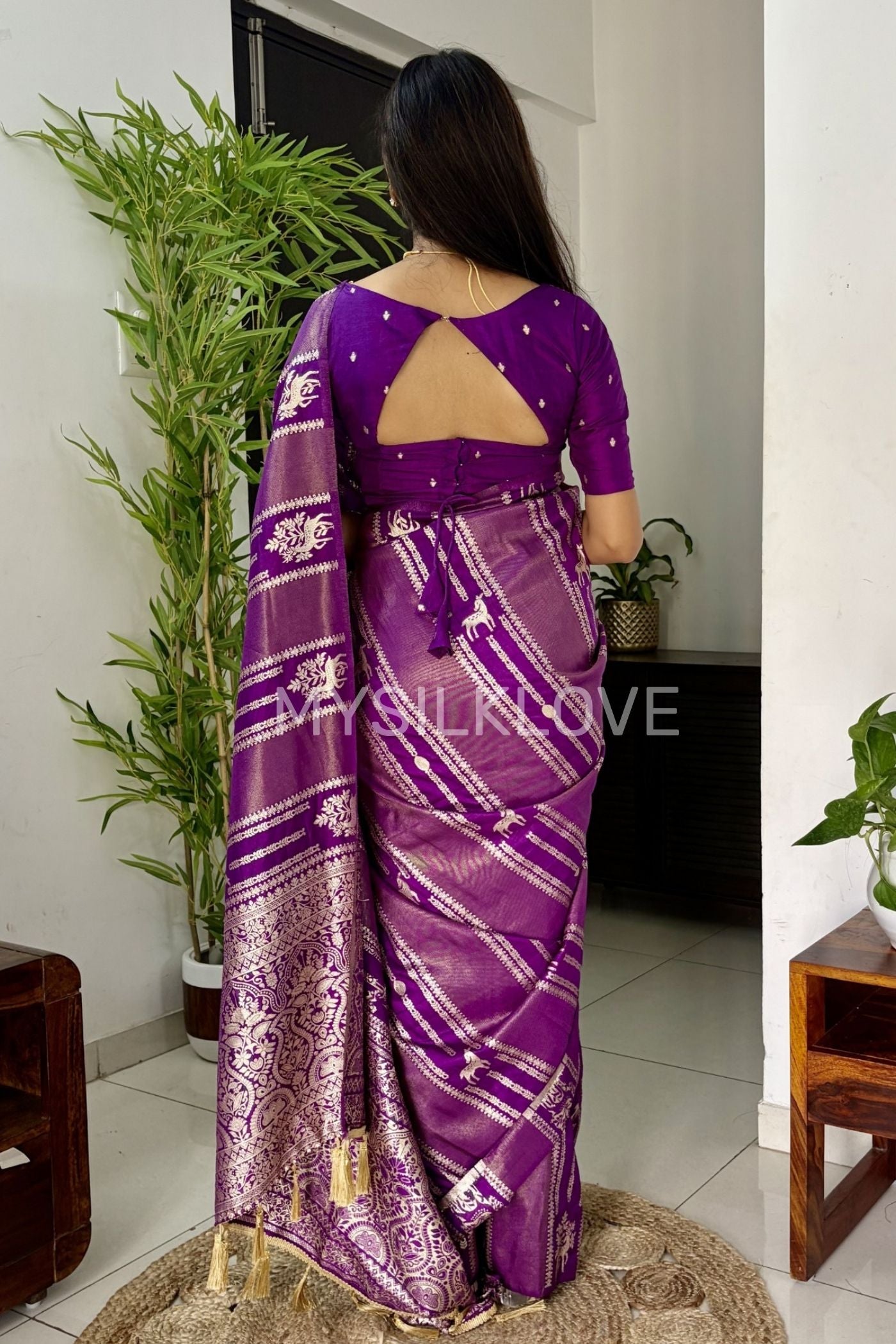 Buy MySilkLove Brinjal Purple Deer Design Woven Banarasi Silk Saree Without Blouse Online
