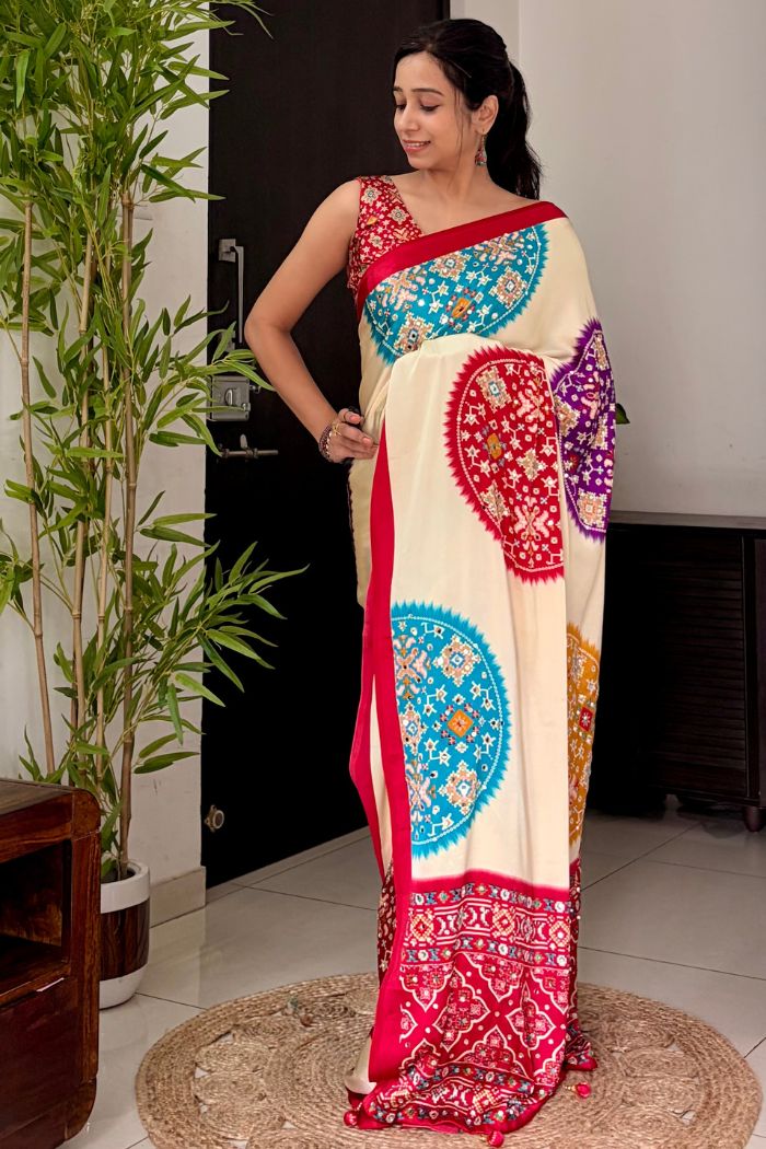 Buy MySilkLove Biscuit Cream and Red Modal Ajrakh Satin Printed Mirror Work Saree Online