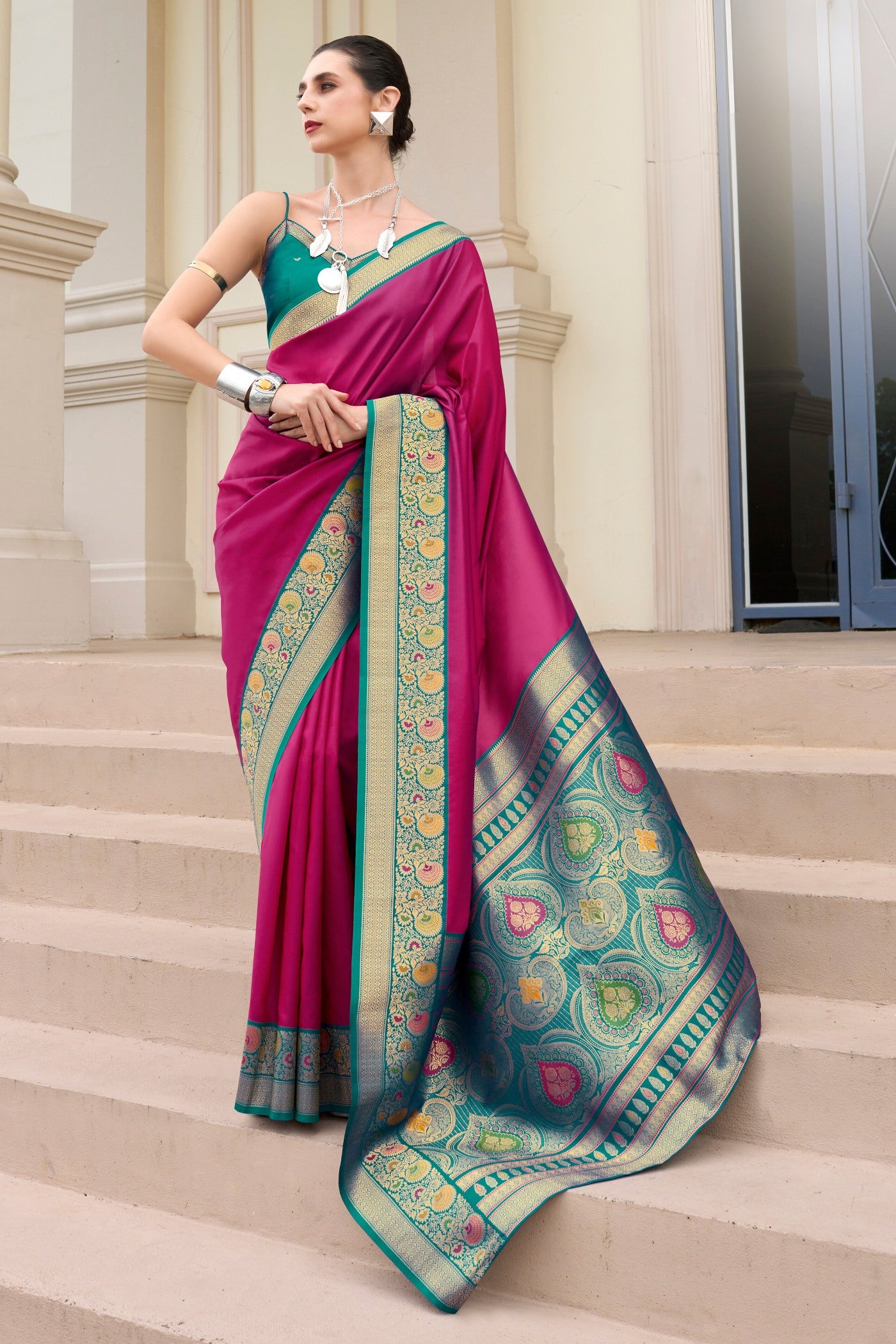 Buy MySilkLove Dragon Fruit Pink Woven Banarasi Soft Silk Saree Online