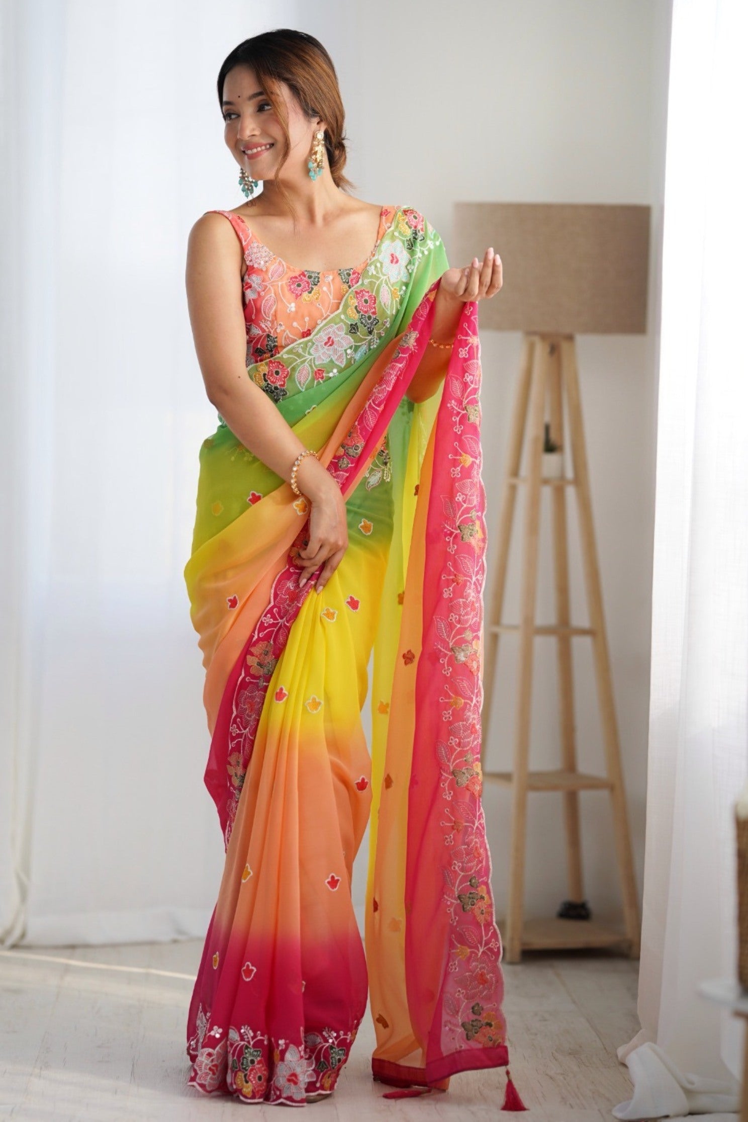 Buy MySilkLove Honey Yellow and Orange Georgette Saree Online