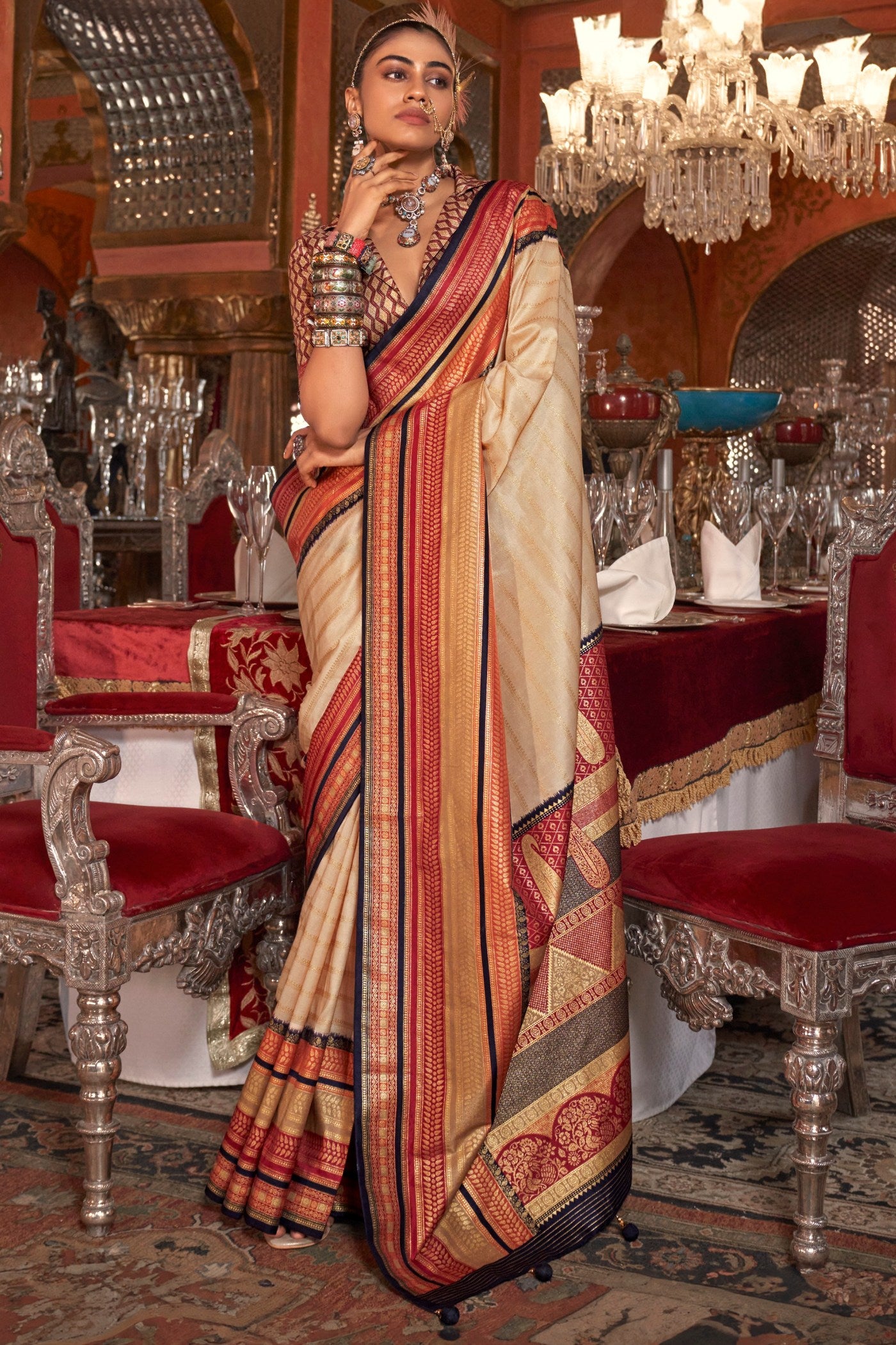 Buy MySilkLove Butter Cream Printed Patola Saree Online