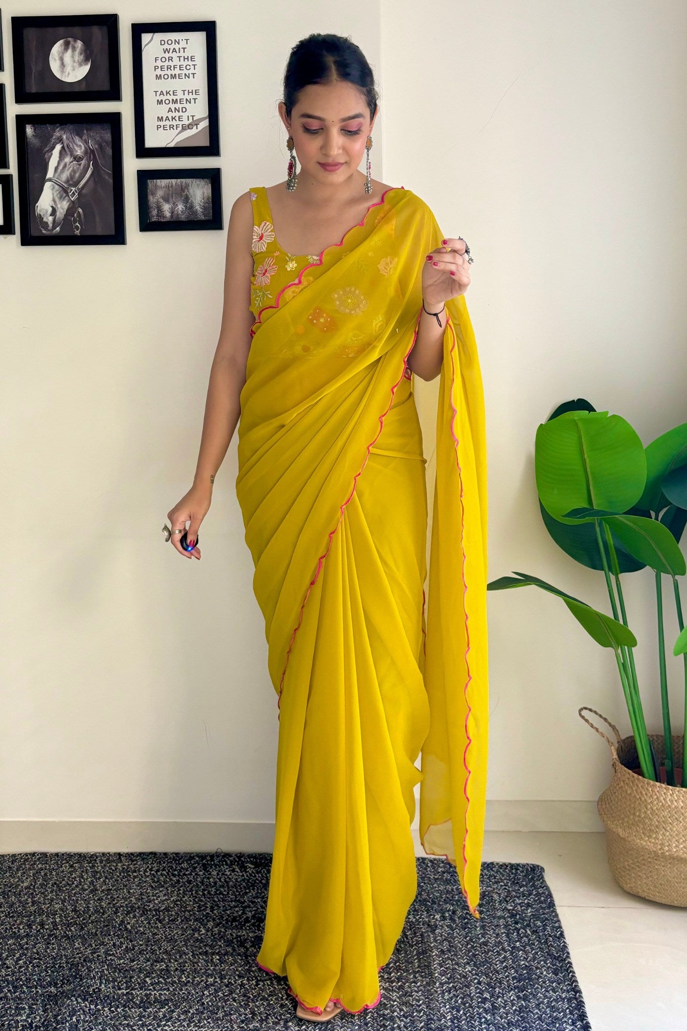 Buy MySilkLove Moccasin Yellow Gerogette Saree Online