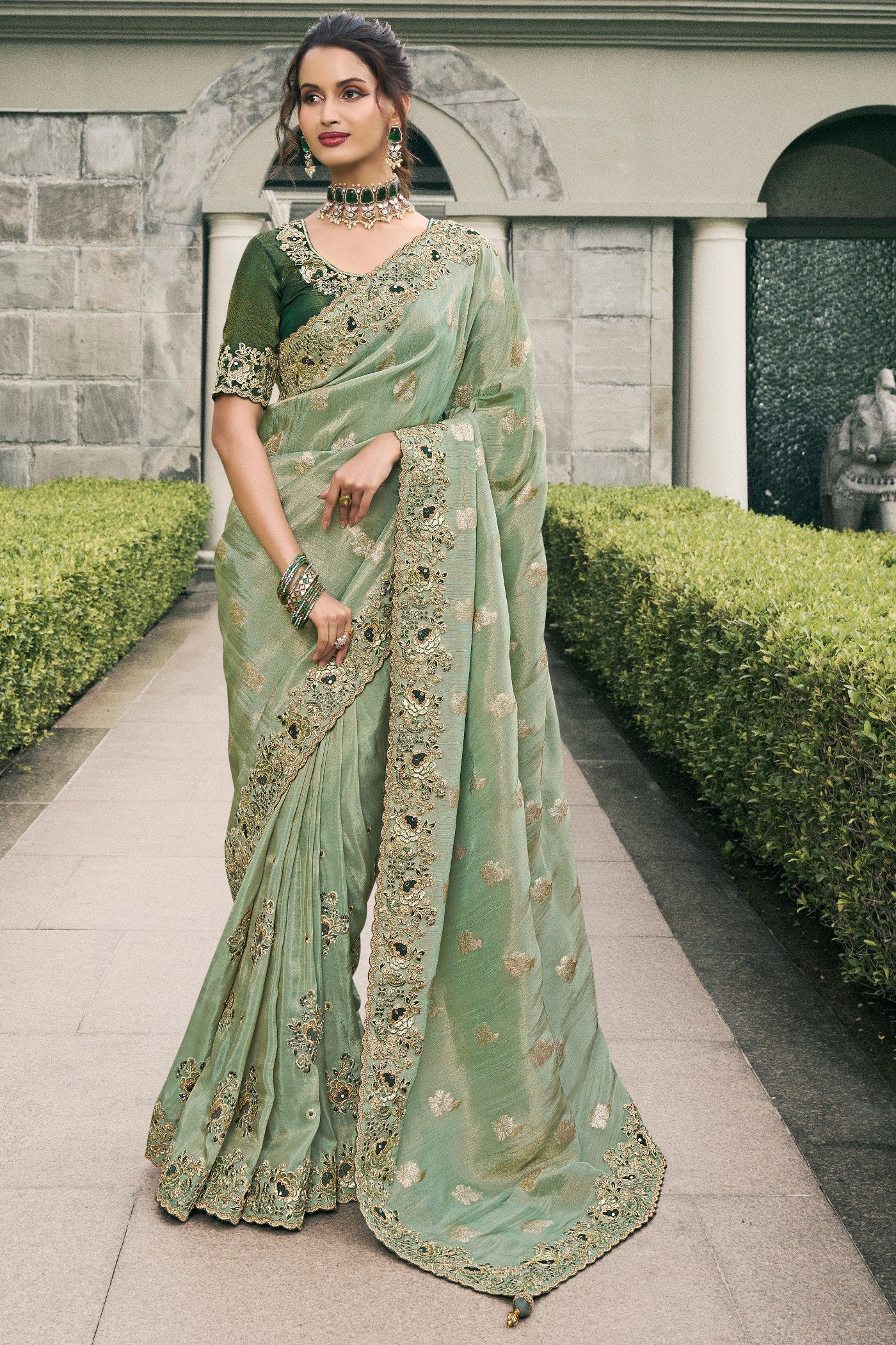 Buy MySilkLove Tallow Green Banarasi Designer Embroidered Saree Online