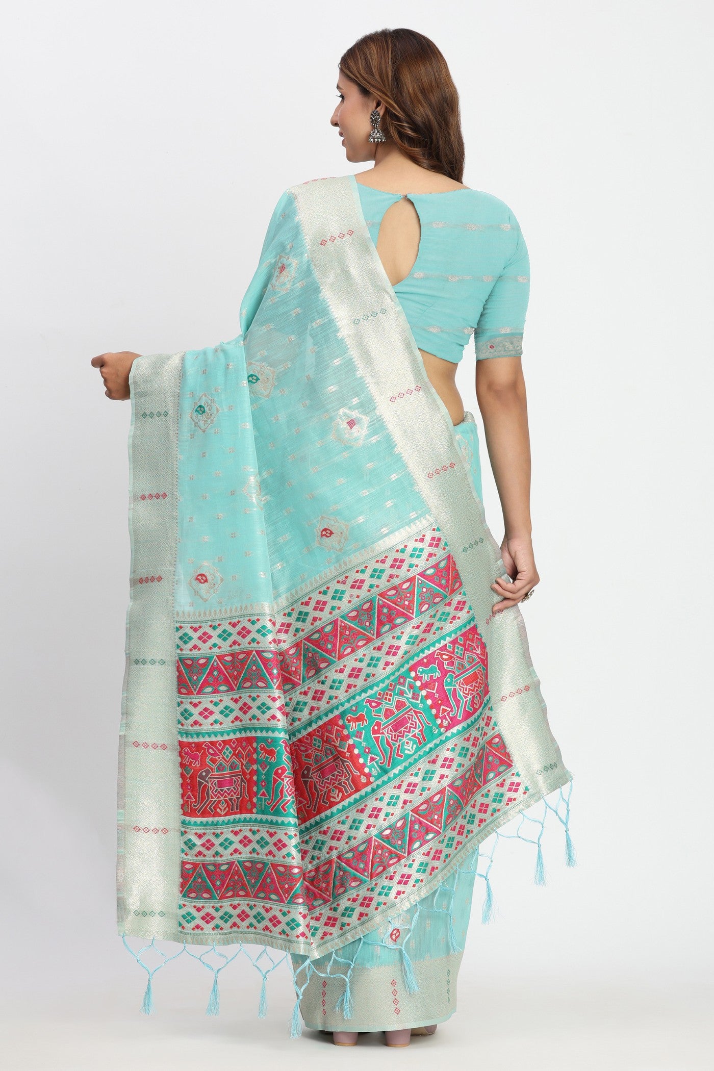 Buy MySilkLove Oeean Blue Woven Linen Cotton Saree Online