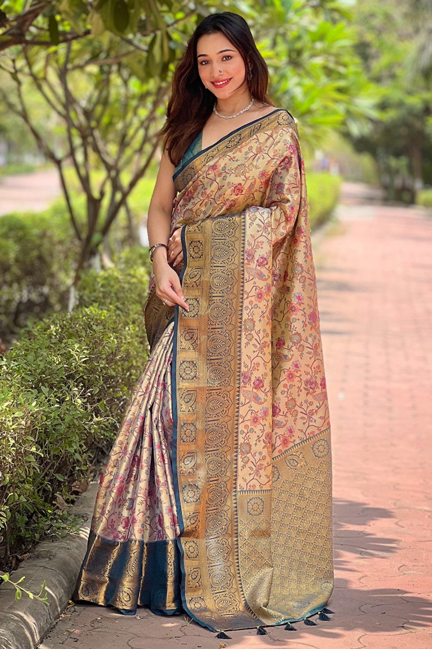 Buy MySilkLove Tumbleweed Cream and Green Woven Banarasi Saree Online