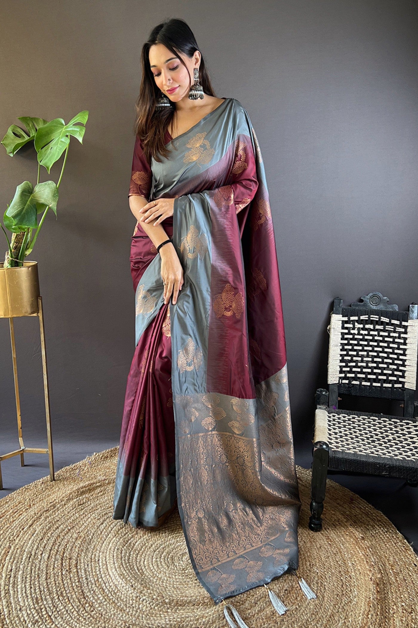 Buy MySilkLove Roman Coffee Brown Woven Banarasi Saree Online