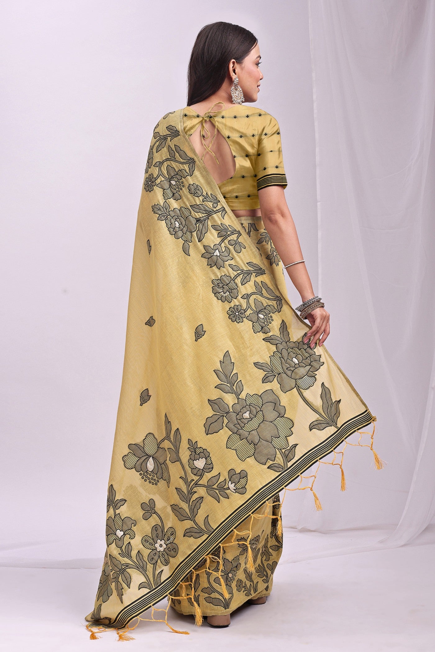 Buy MySilkLove Lemon Yellow Woven Linen Cotton Saree Online