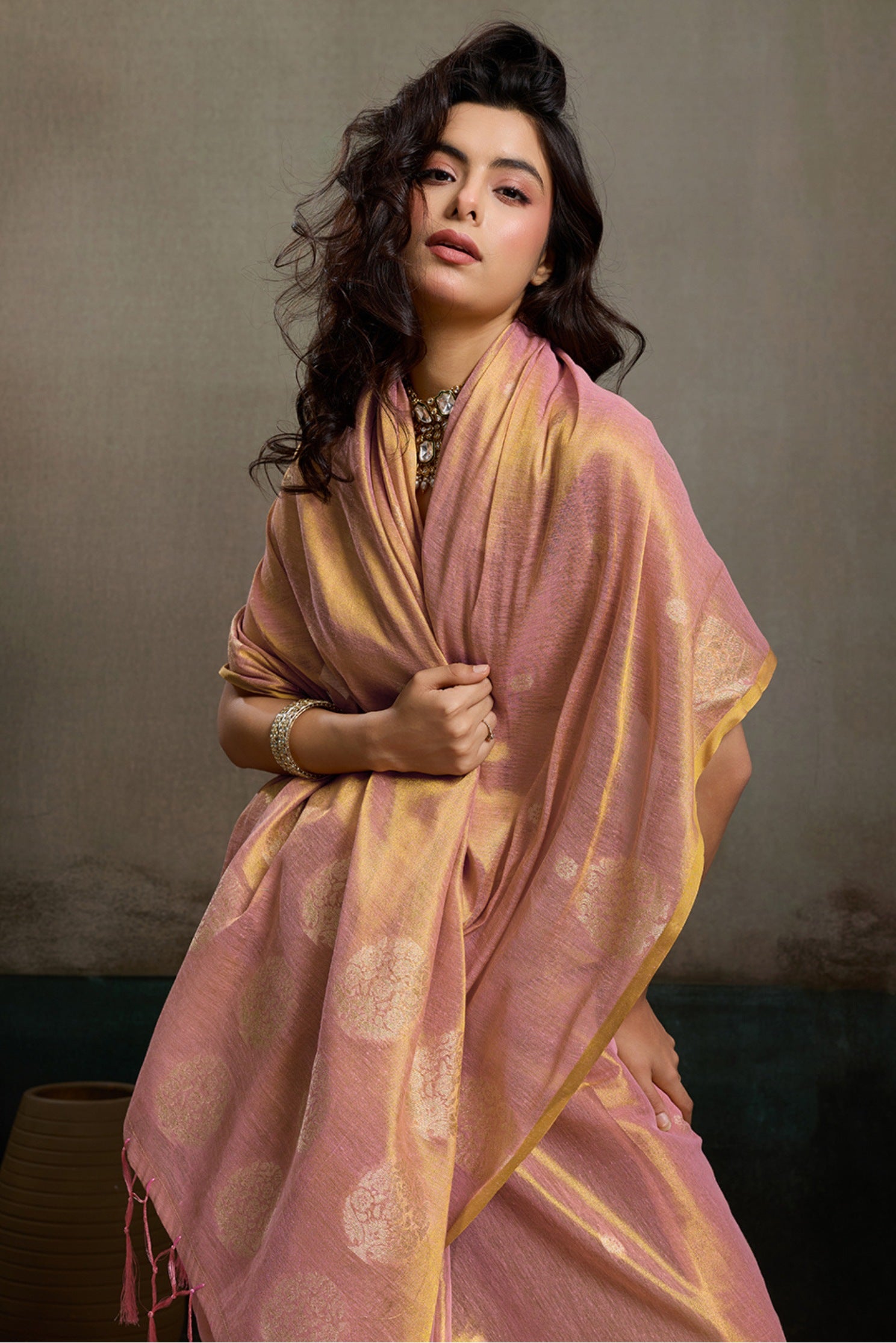 Buy MySilkLove Muted Peach Woven Tissue Saree Online