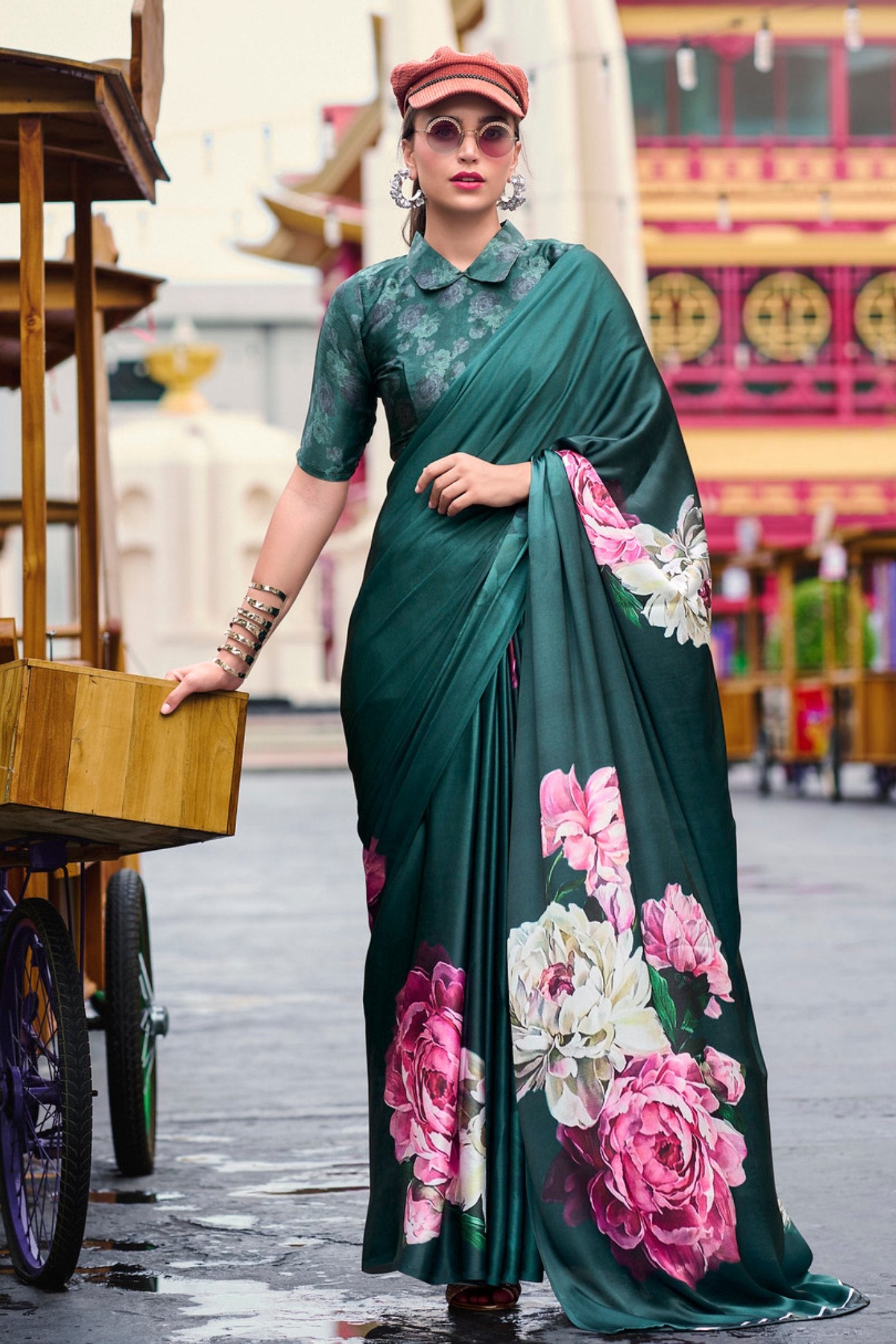 Buy MySilkLove Firefly Green Printed Satin Crepe Silk Saree Online