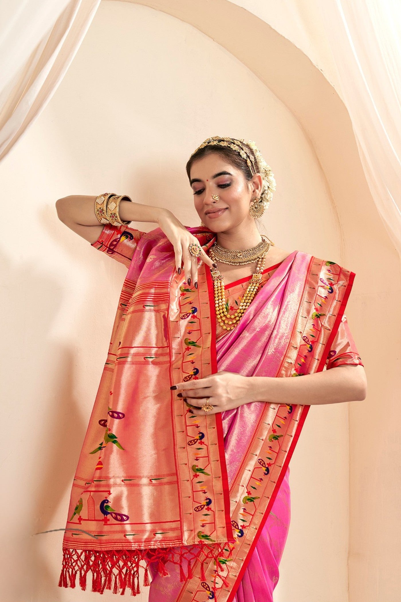 Buy MySilkLove Coral Pink Zari Woven Paithani Tissue Saree Online