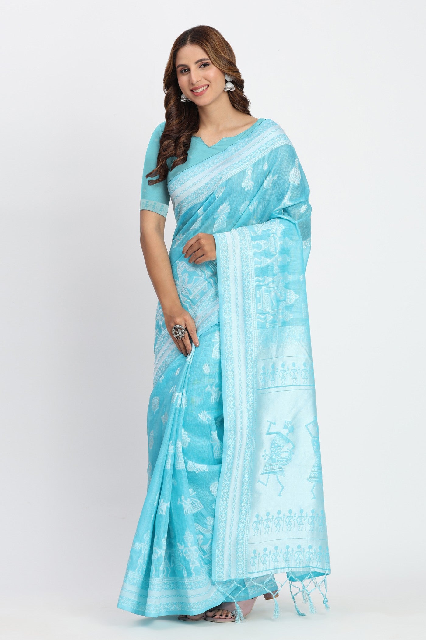 Buy MySilkLove Chathams Blue Woven Linen Cotton Saree Online