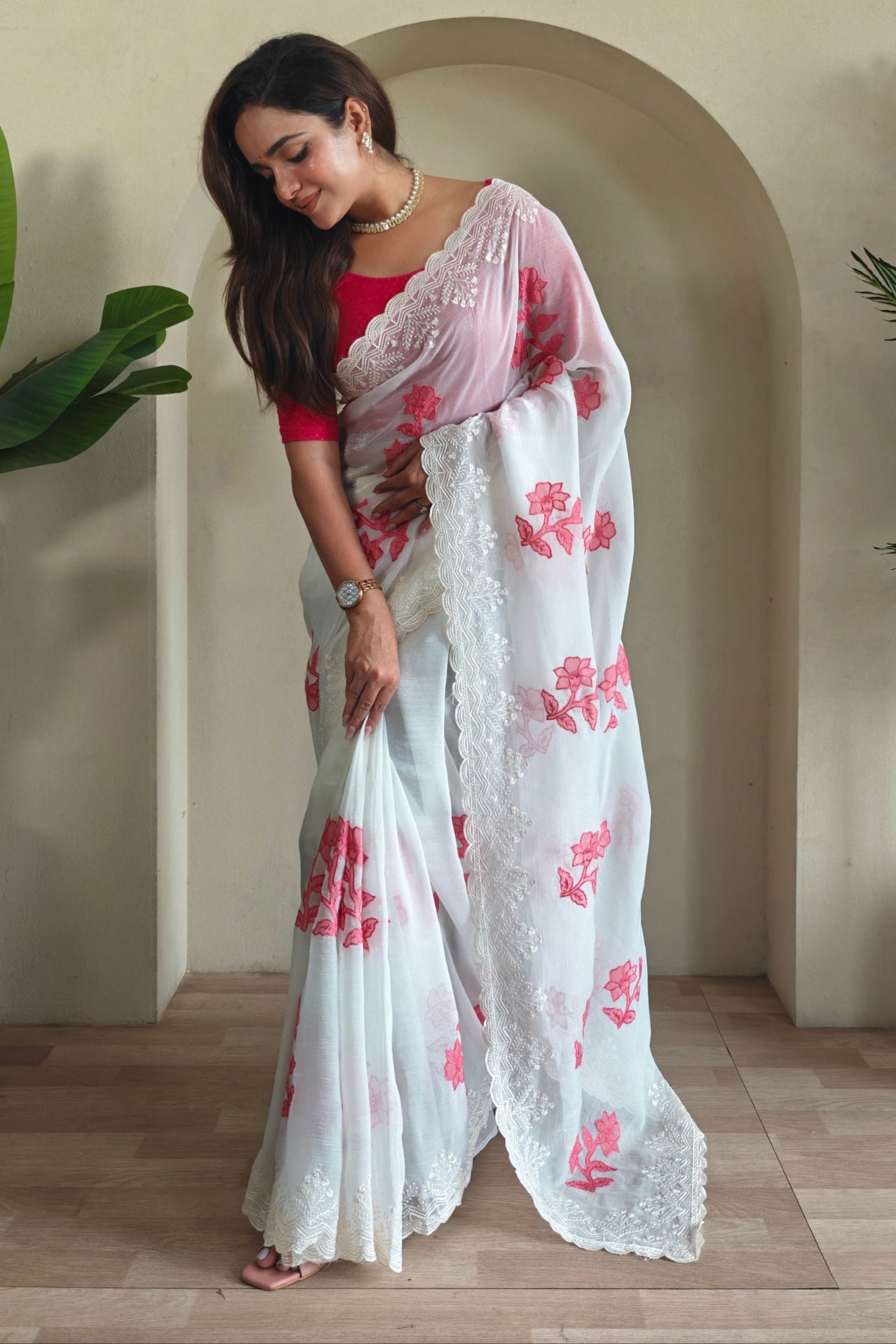 Buy MySilkLove Snow White Embroidered Floral Silk Saree Online