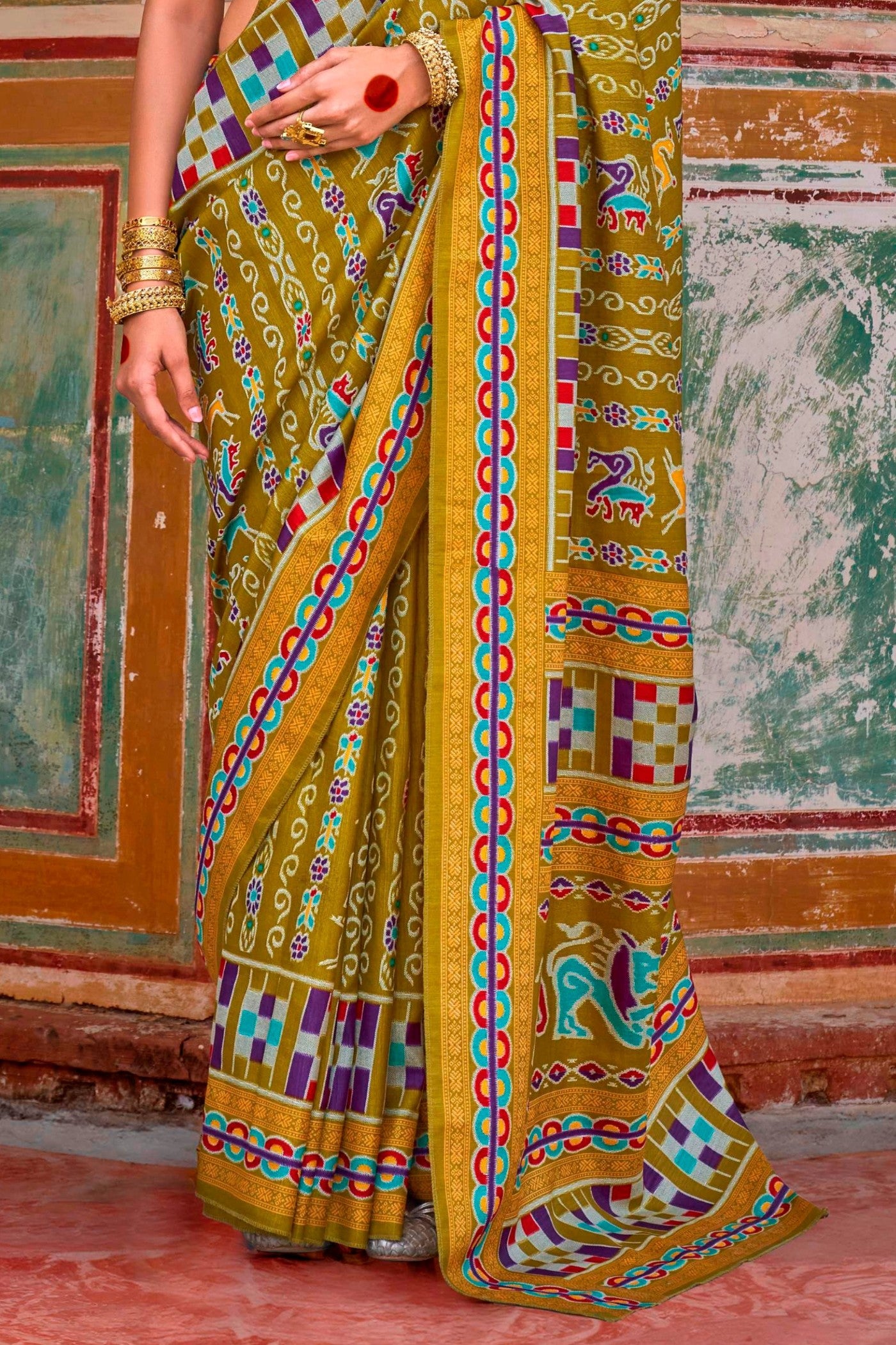 Buy MySilkLove Luxor Gold Green Printed Patola Saree Online