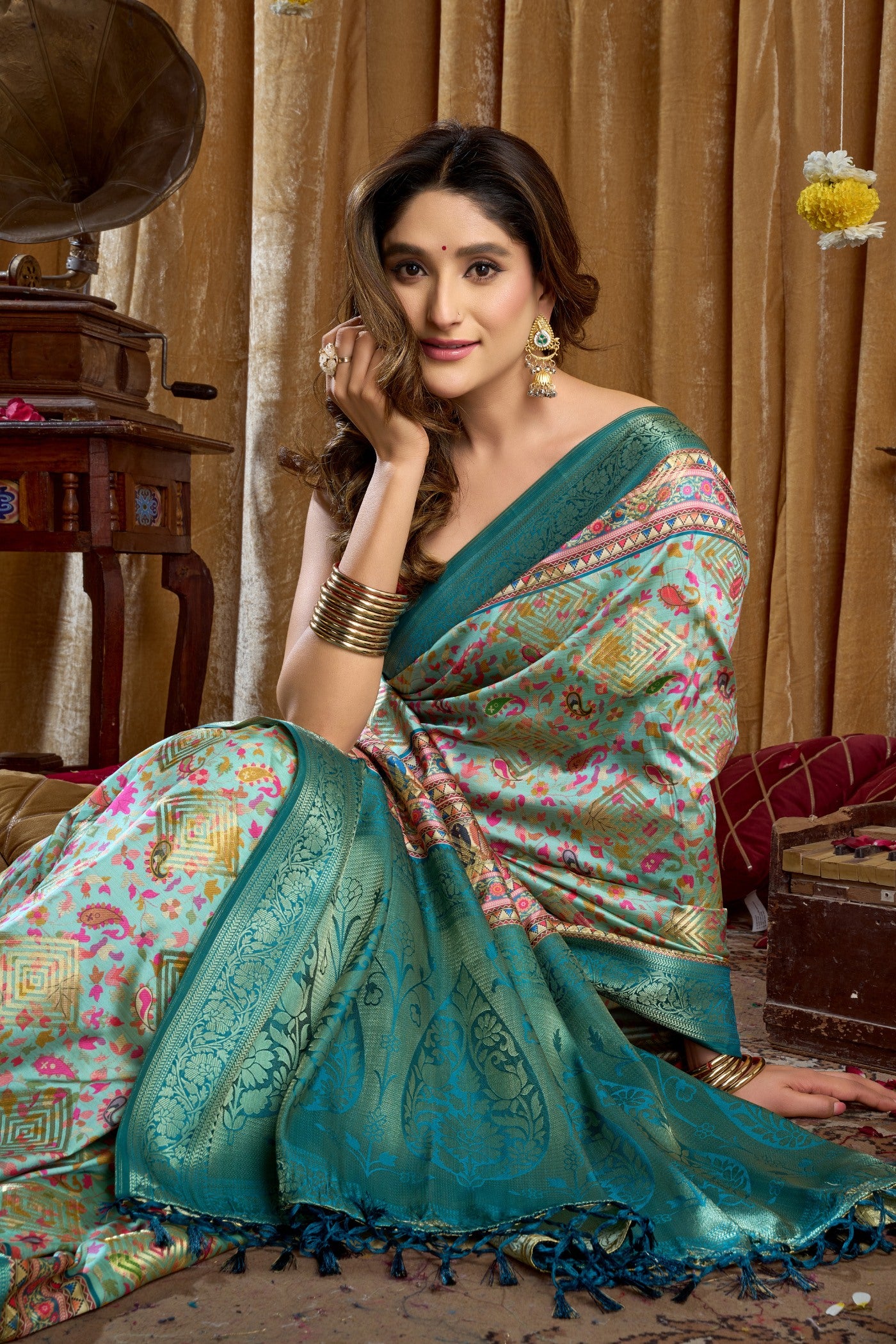 Buy MySilkLove France Blue Digital Printed Banarasi Saree Online