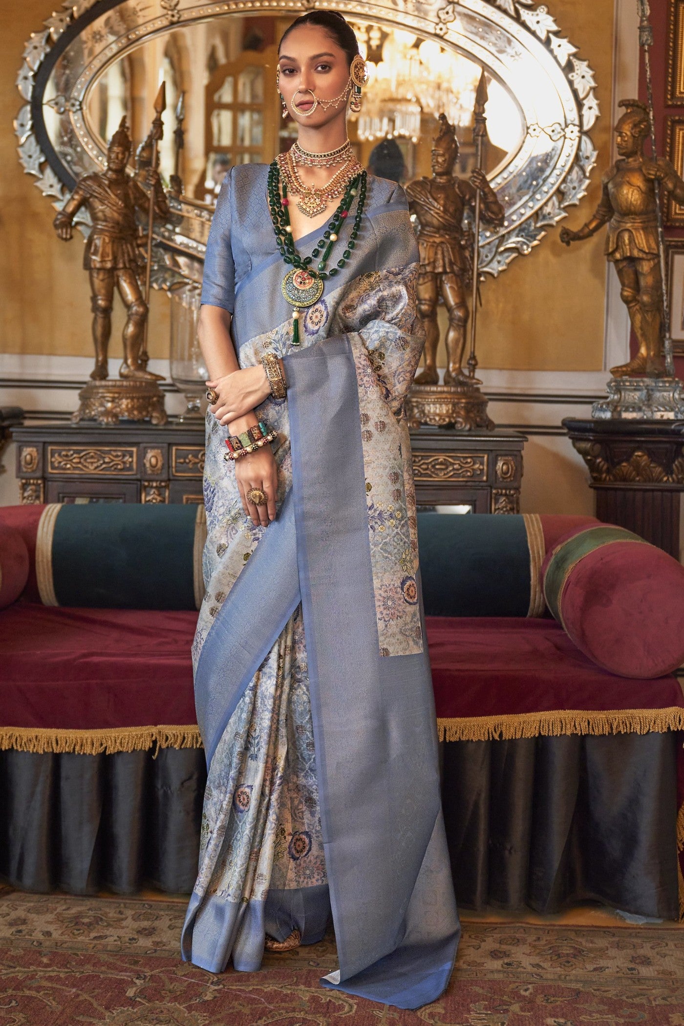 Buy MySilkLove Pewter Blue Tussar Banarasi Digital Printed Saree Online