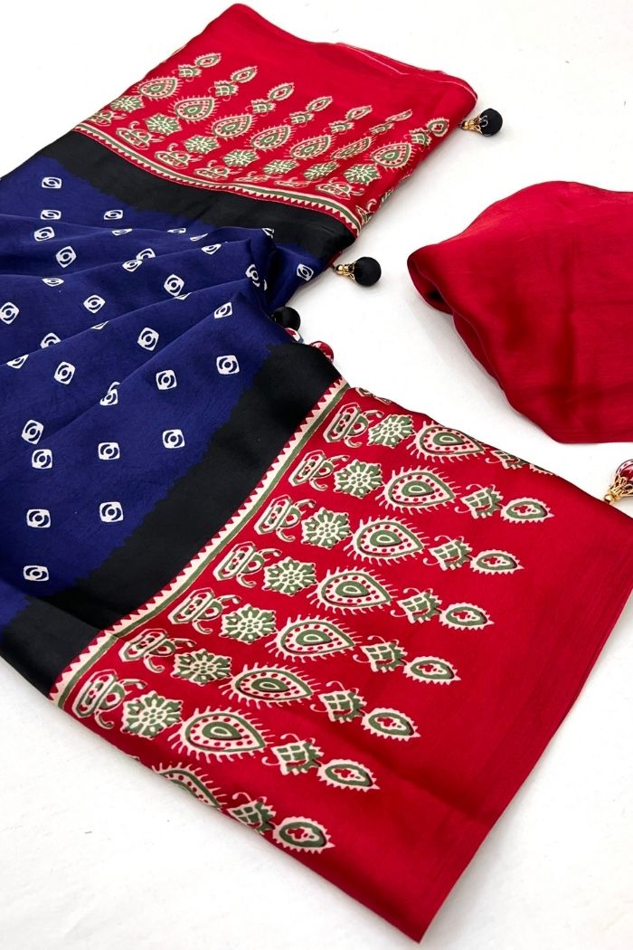 Buy MySilkLove Bismark Blue and Red Ajrakh Printed Satin Gaji Silk Saree Online