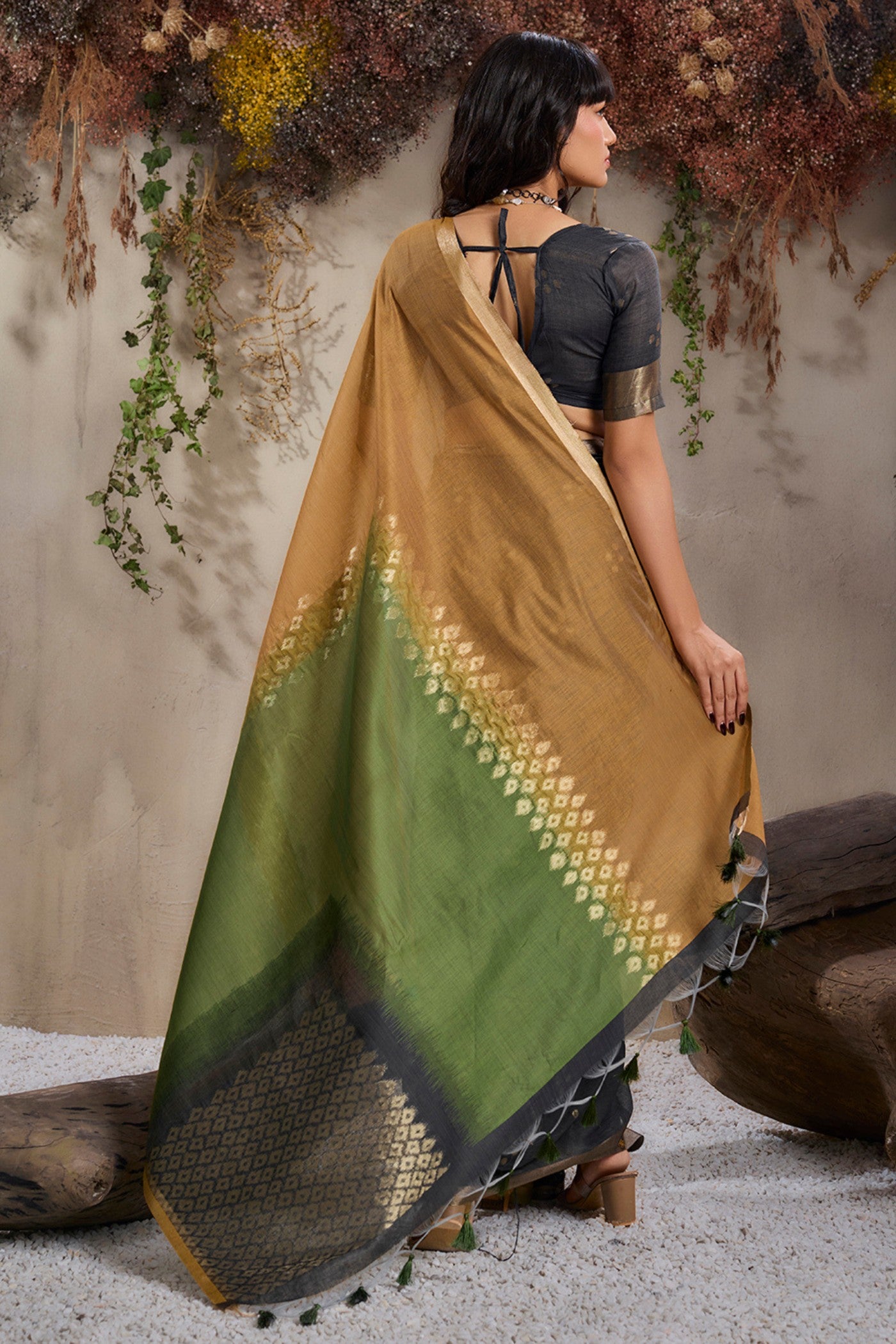 Buy MySilkLove Volcanic Black and Green Handloom Cotton Saree Online