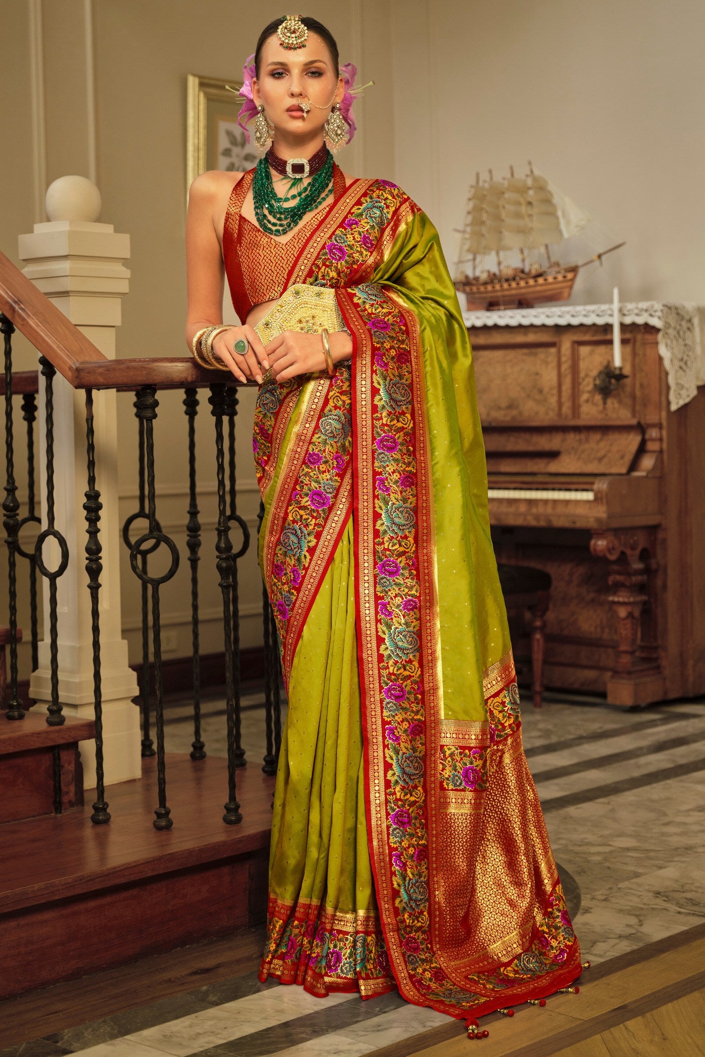 Buy MySilkLove Sahara Green Printed Banarasi Saree Online