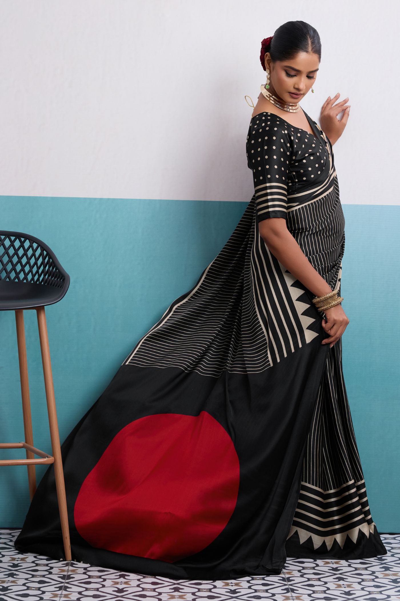 Buy MySilkLove Noir Black Stripe Ajrakh Printed Satin Crepe Silk Saree Online