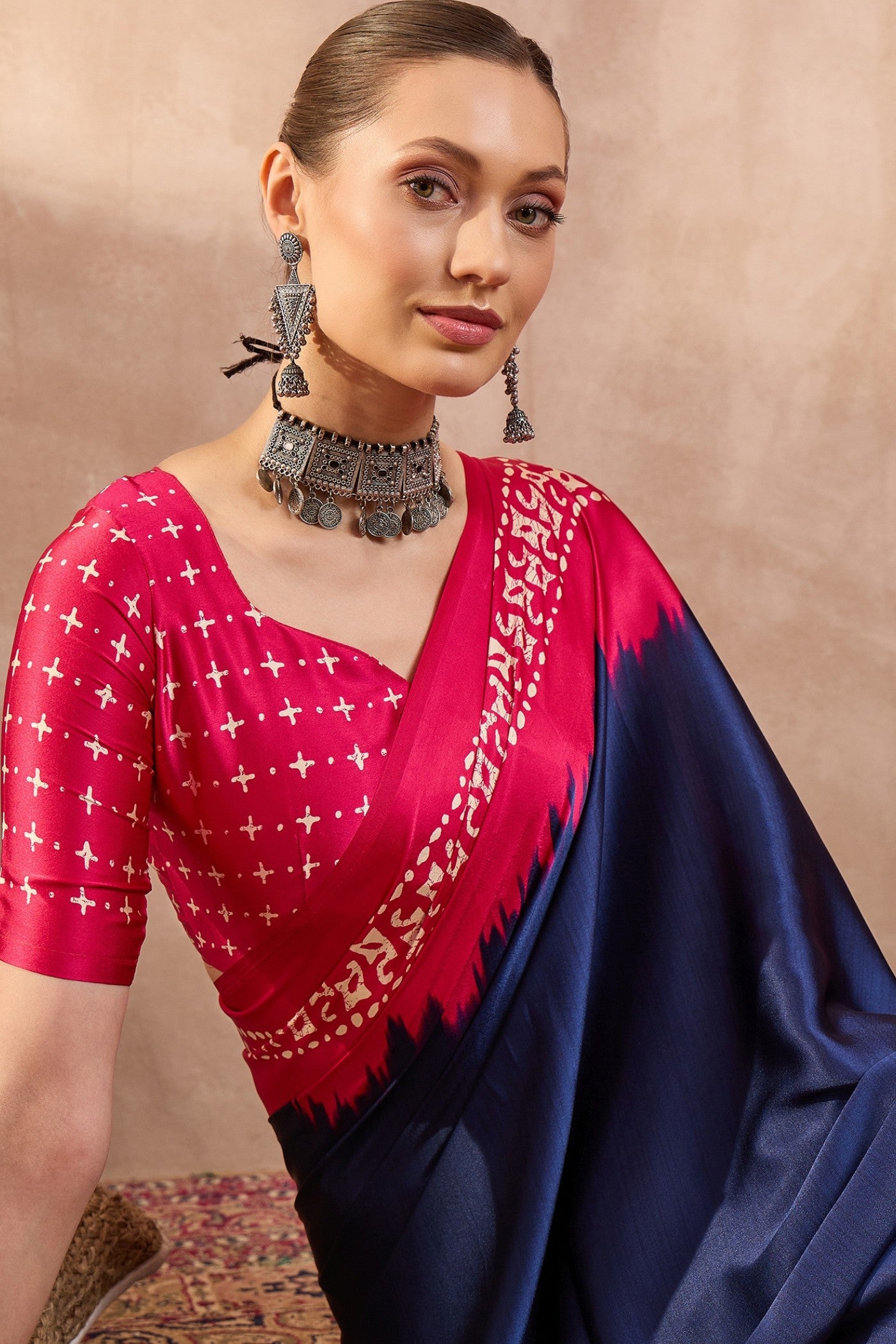 MySilkLove Pigment Blue Printed Satin Crepe Silk Saree