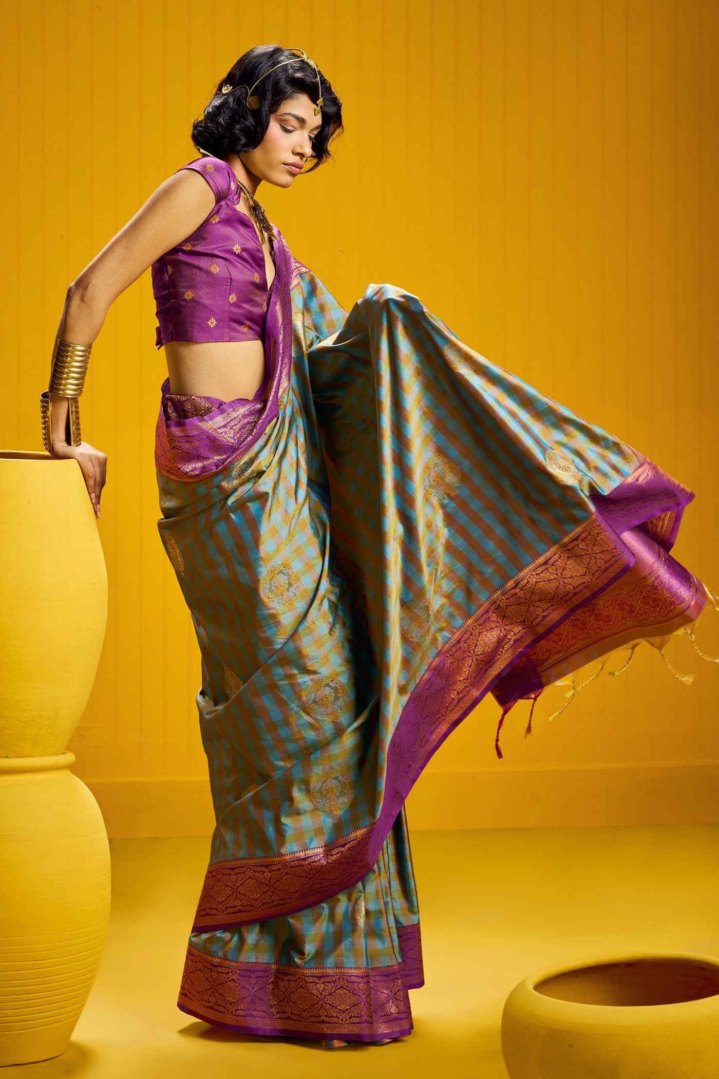 MySilkLove Slate Blue Banarasi Two Tone Checks Handloom Saree