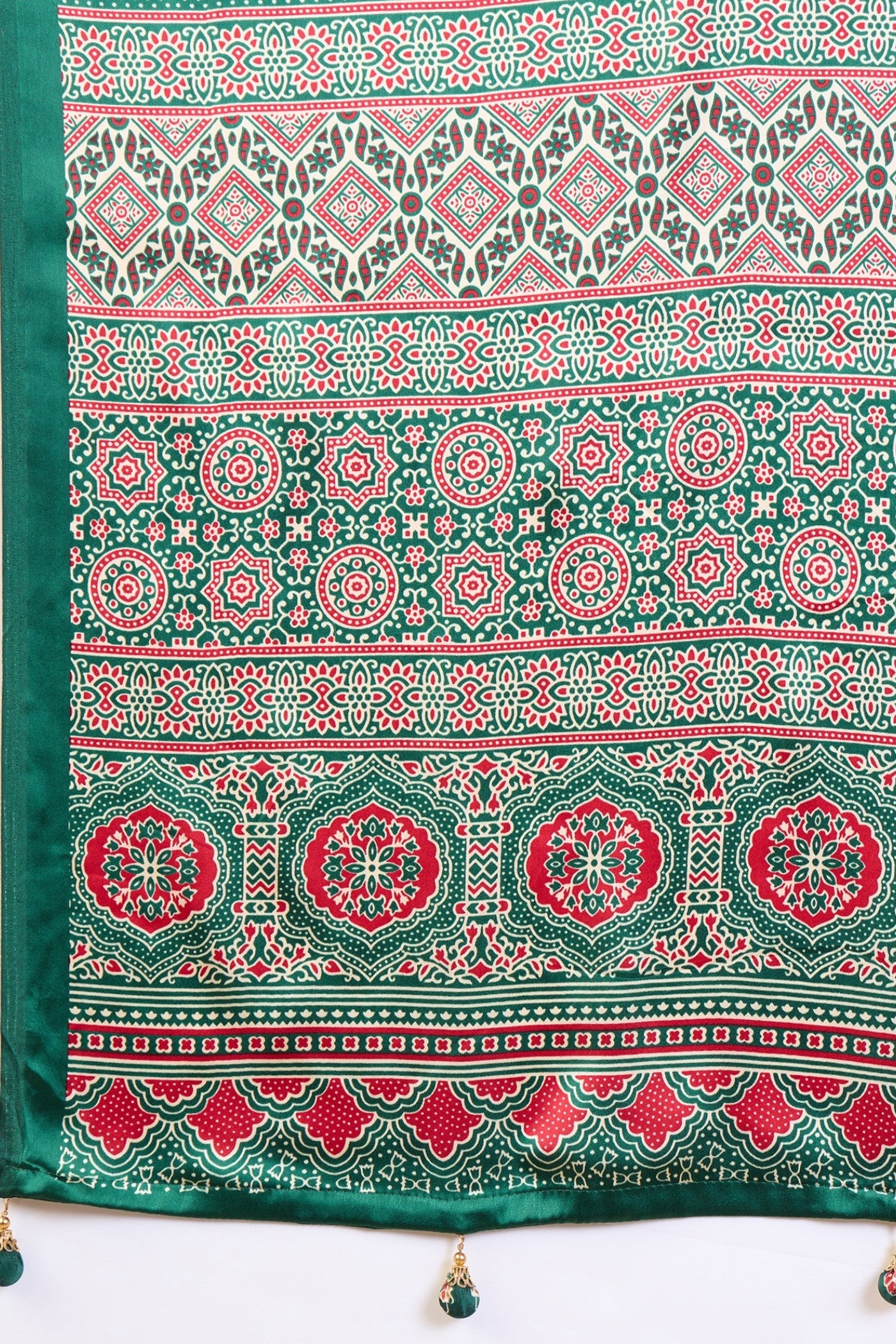 Buy MySilkLove Rice Cream and Green Ajrakh Printed Satin Crepe Silk Saree Online