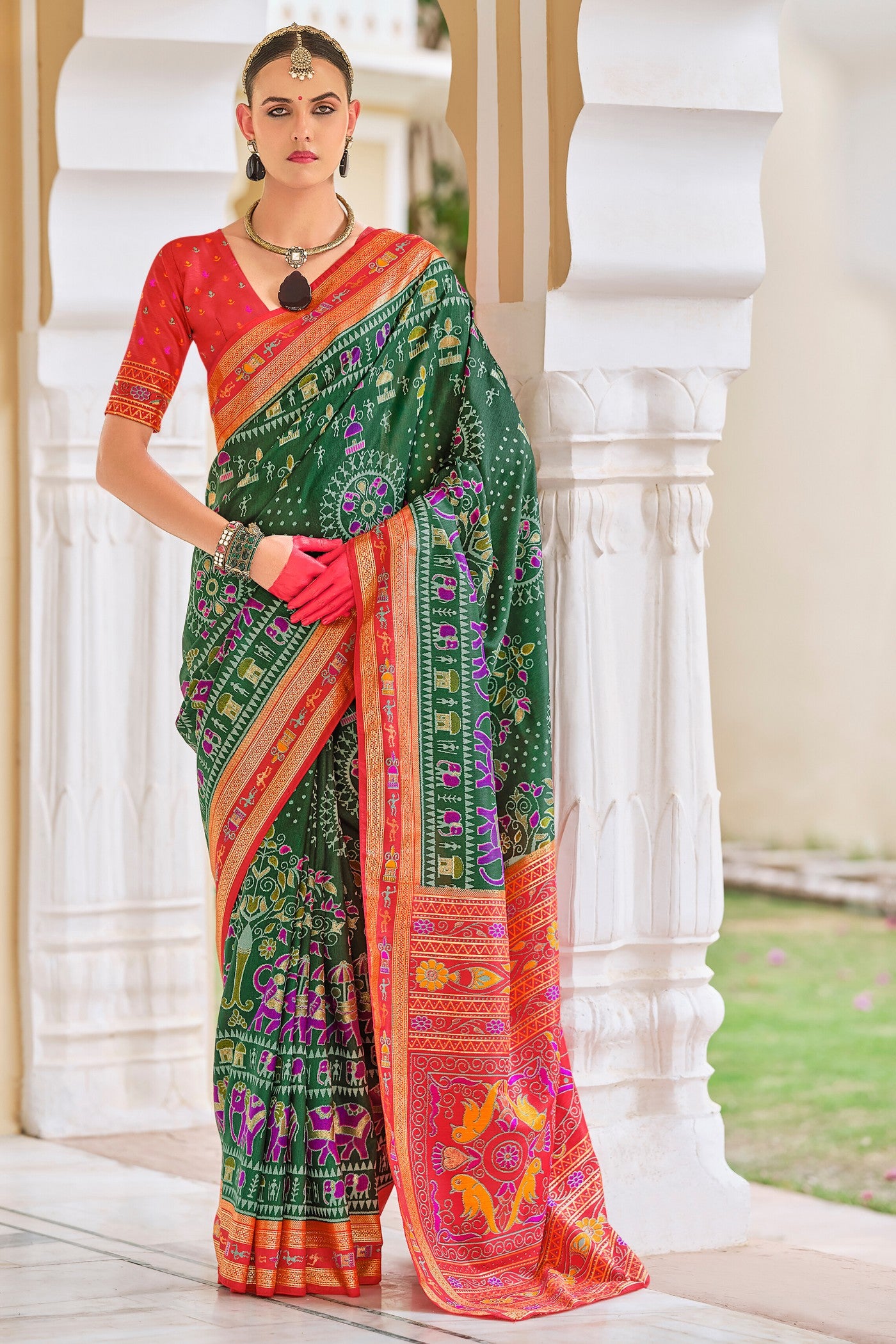 Buy MySilkLove Tom Thumb Green and Red Printed Patola Saree Online