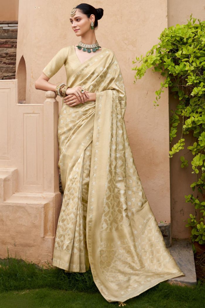 Buy MySilkLove Almond Cream Woven Banarasi Saree Online