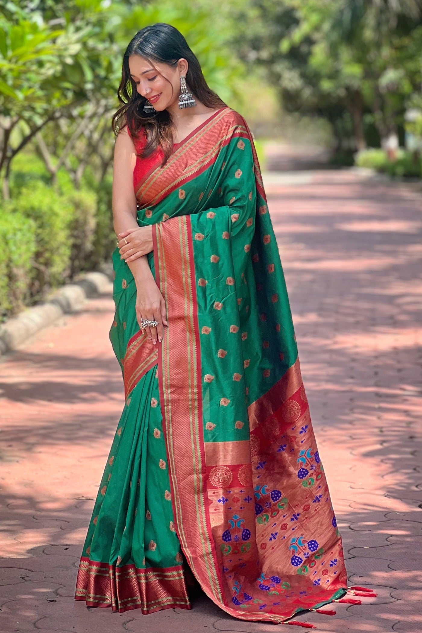 Buy MySilkLove Rain Forest Green Woven Paithani Saree Online