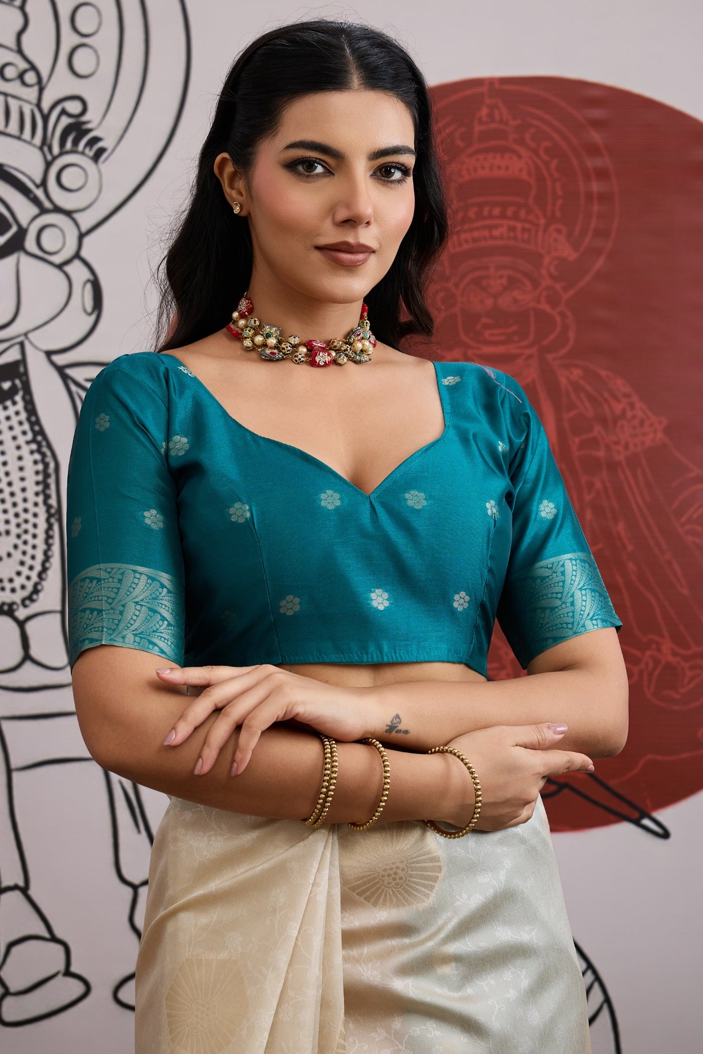 Buy MySilkLove Buttermilk Cream and Blue Handloom South Silk Saree Online