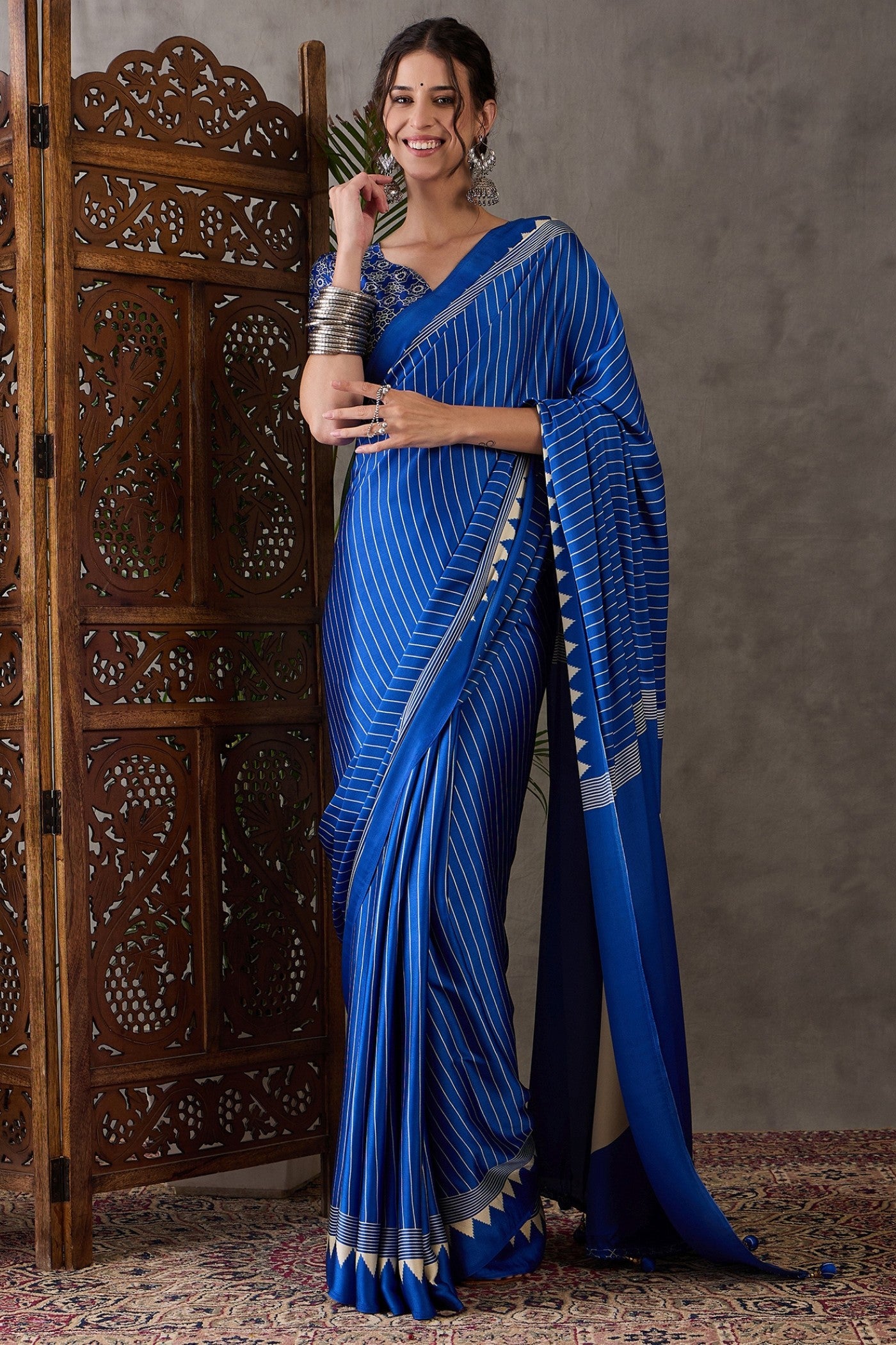 Buy MySilkLove Bondi Blue Printed Satin Gaji Silk Saree Online