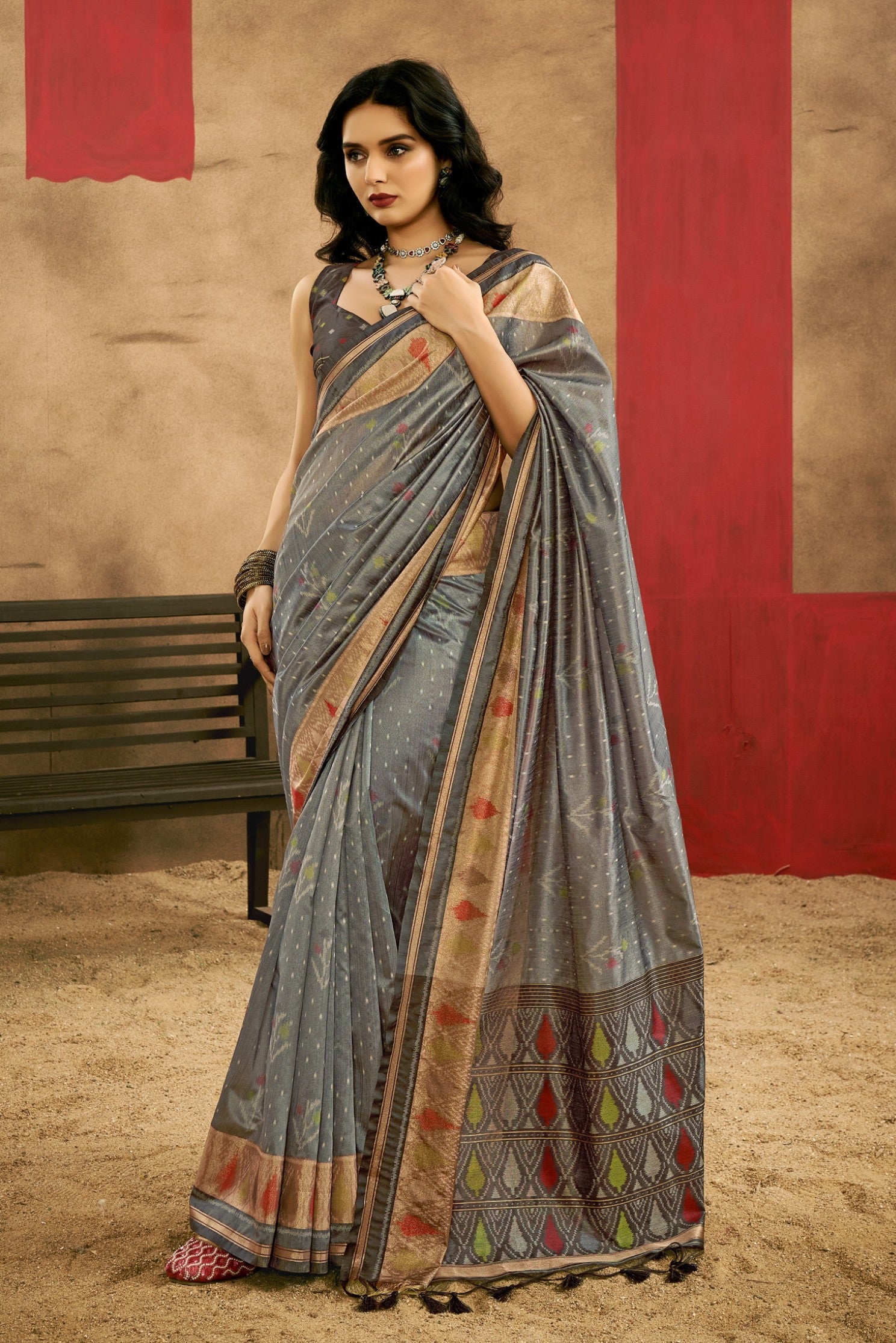 Buy MySilkLove Stone Grey Patola Handloom Saree Online