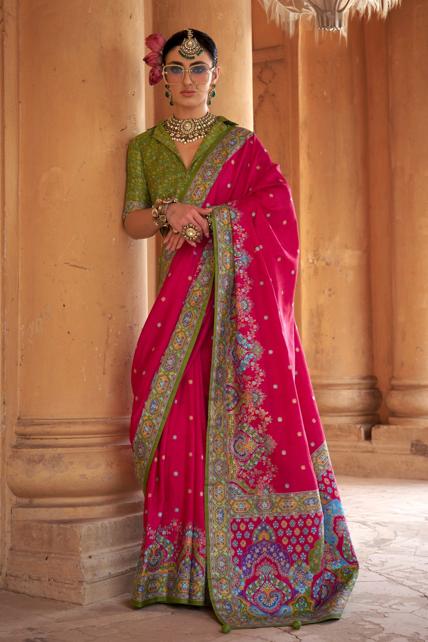 Buy MySilkLove Rose Red Printed Banarasi Saree Online