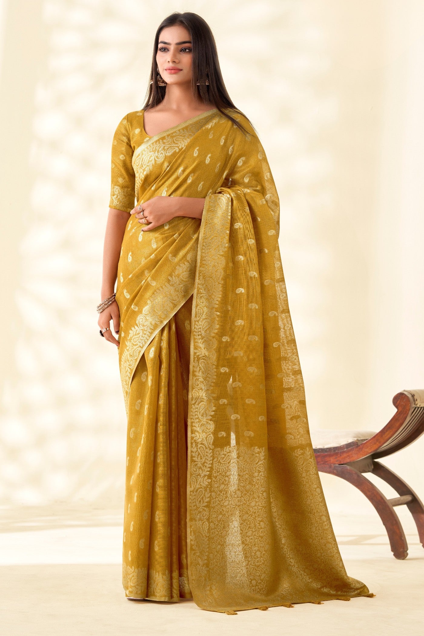 Buy MySilkLove Mustard Yellow Woven Tissue Linen Saree Online