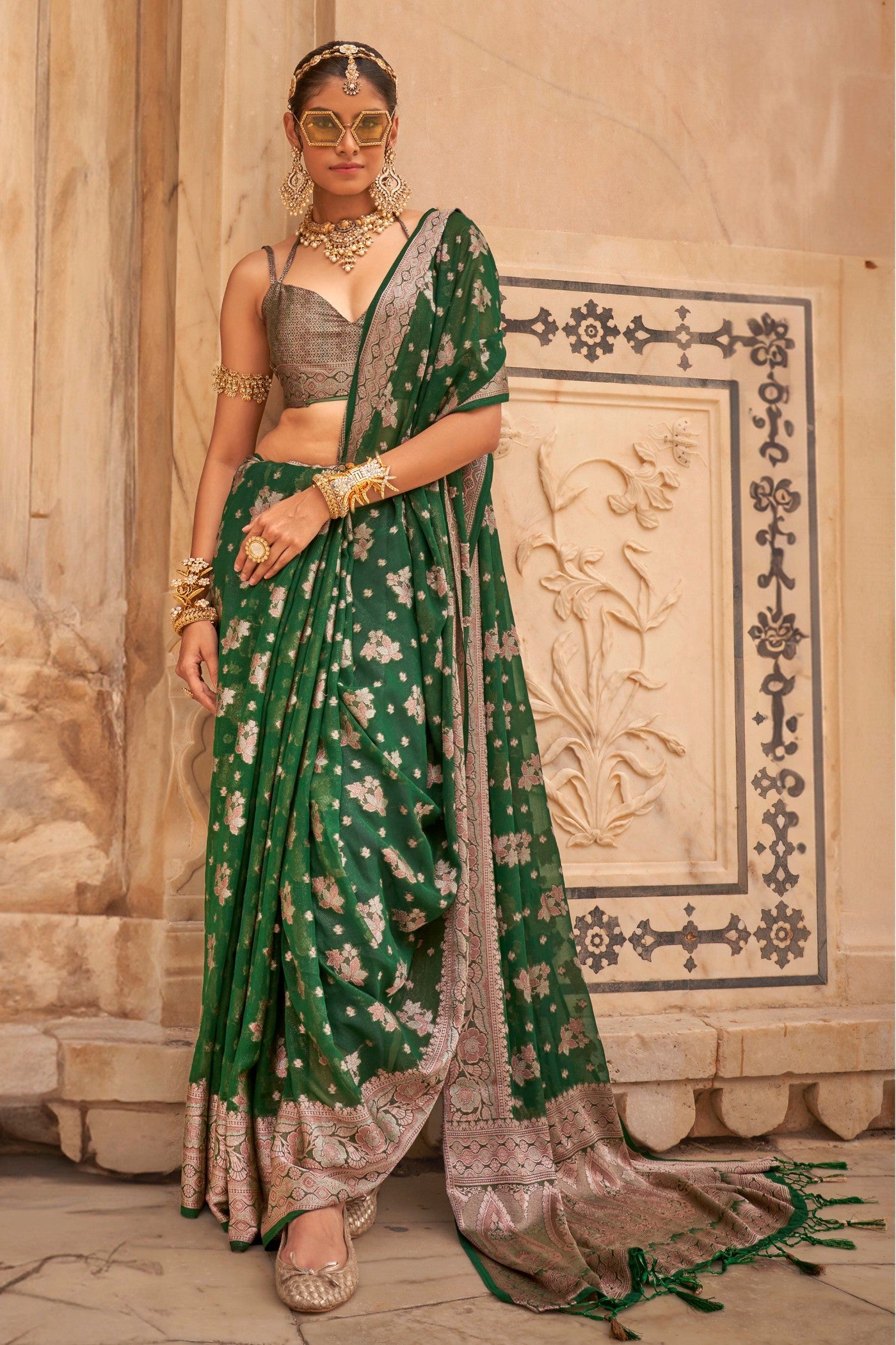 Buy MySilkLove Dark Clover Green Zari Woven Georgette Saree Online