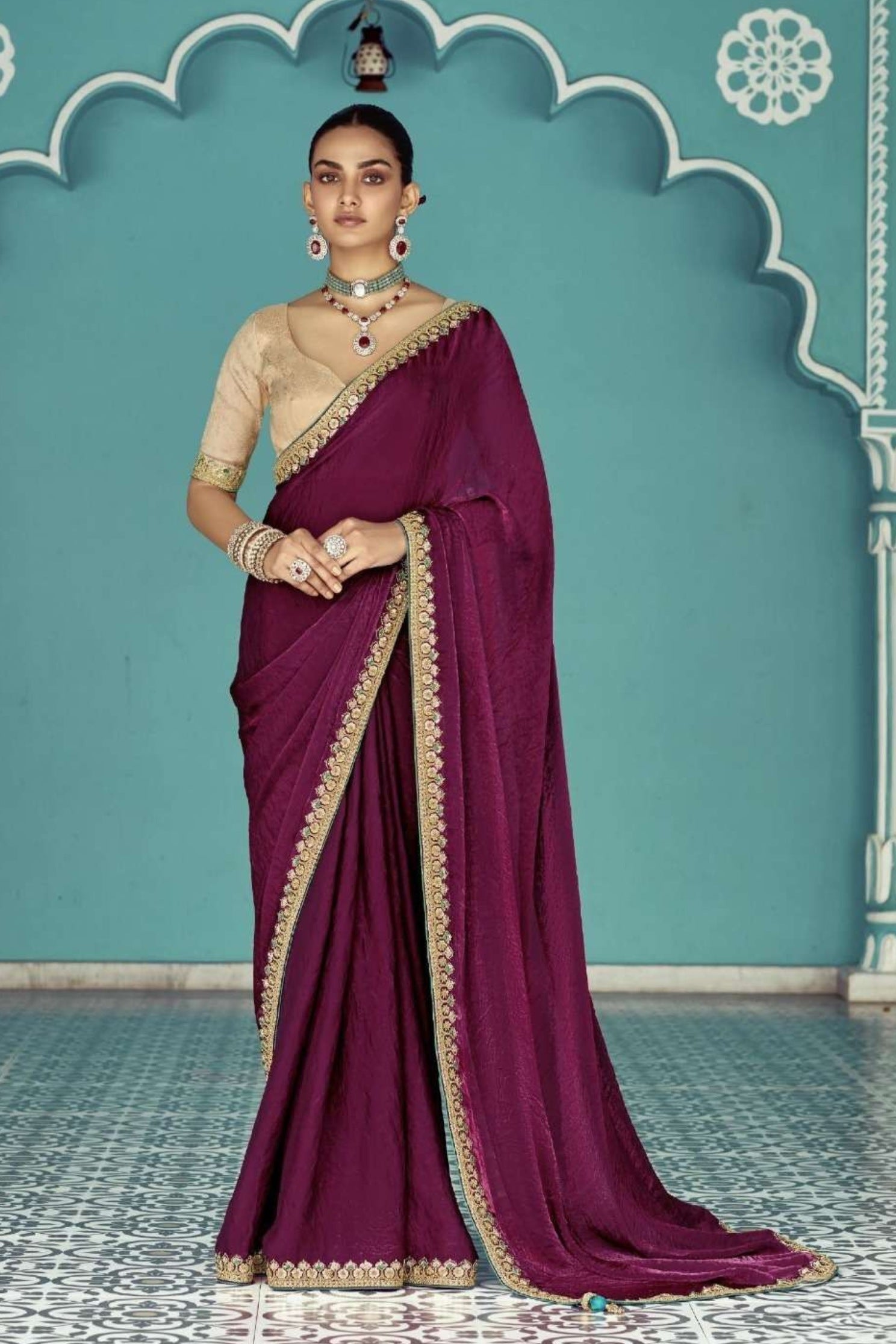 Buy MySilkLove Wine Maroon Embroidered Tissue Designer Saree Online