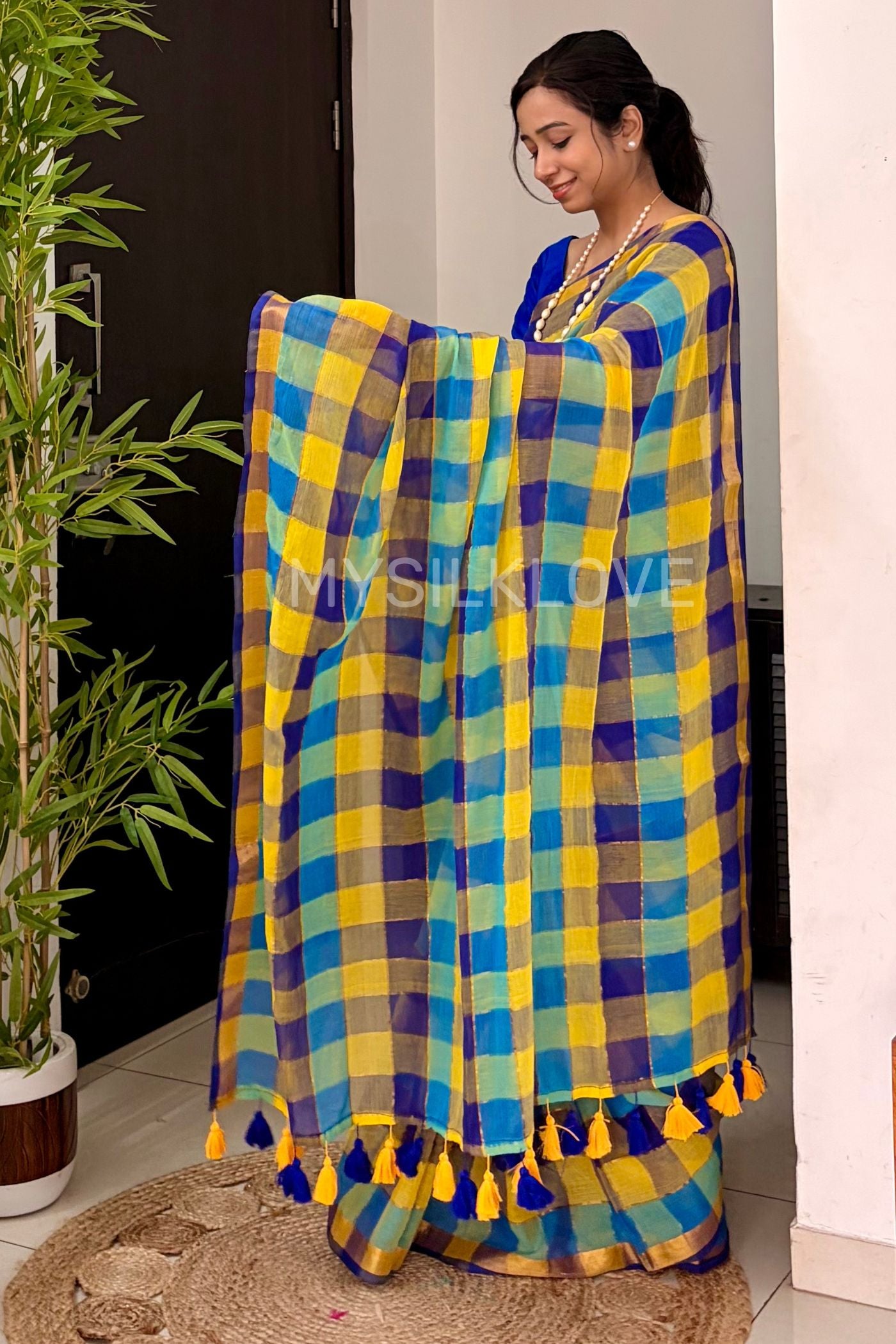 Buy MySilkLove Multicolor Yellow Pure Mul Mul Cotton Checks Pattern Zari woven saree Online