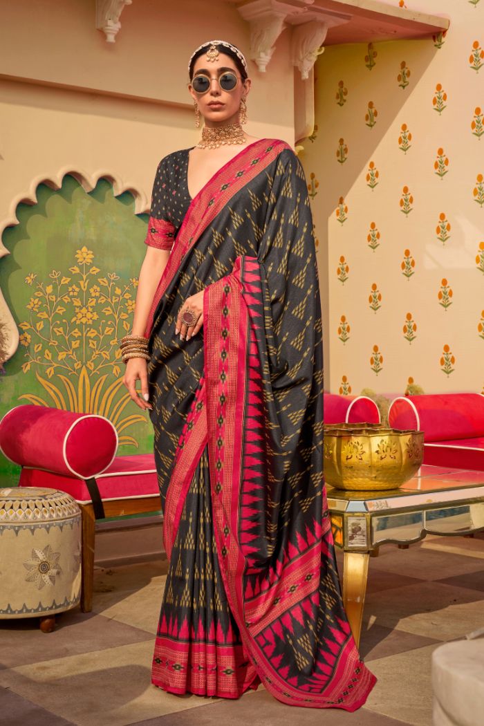 Buy MySilkLove Black Paper Printed Banarasi Soft Silk Saree Online