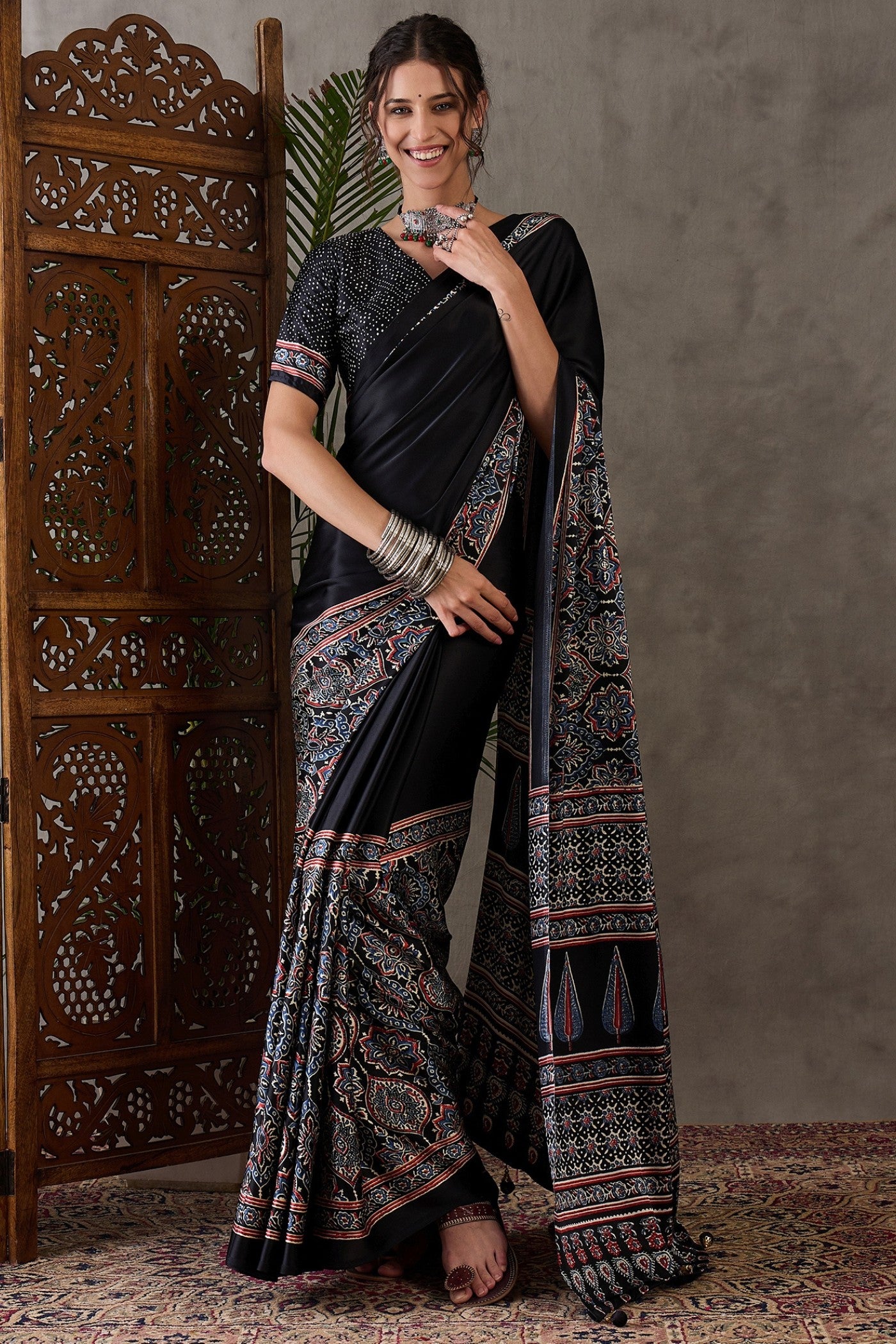 Buy MySilkLove Metal Black Printed Satin Gaji Silk Saree Online