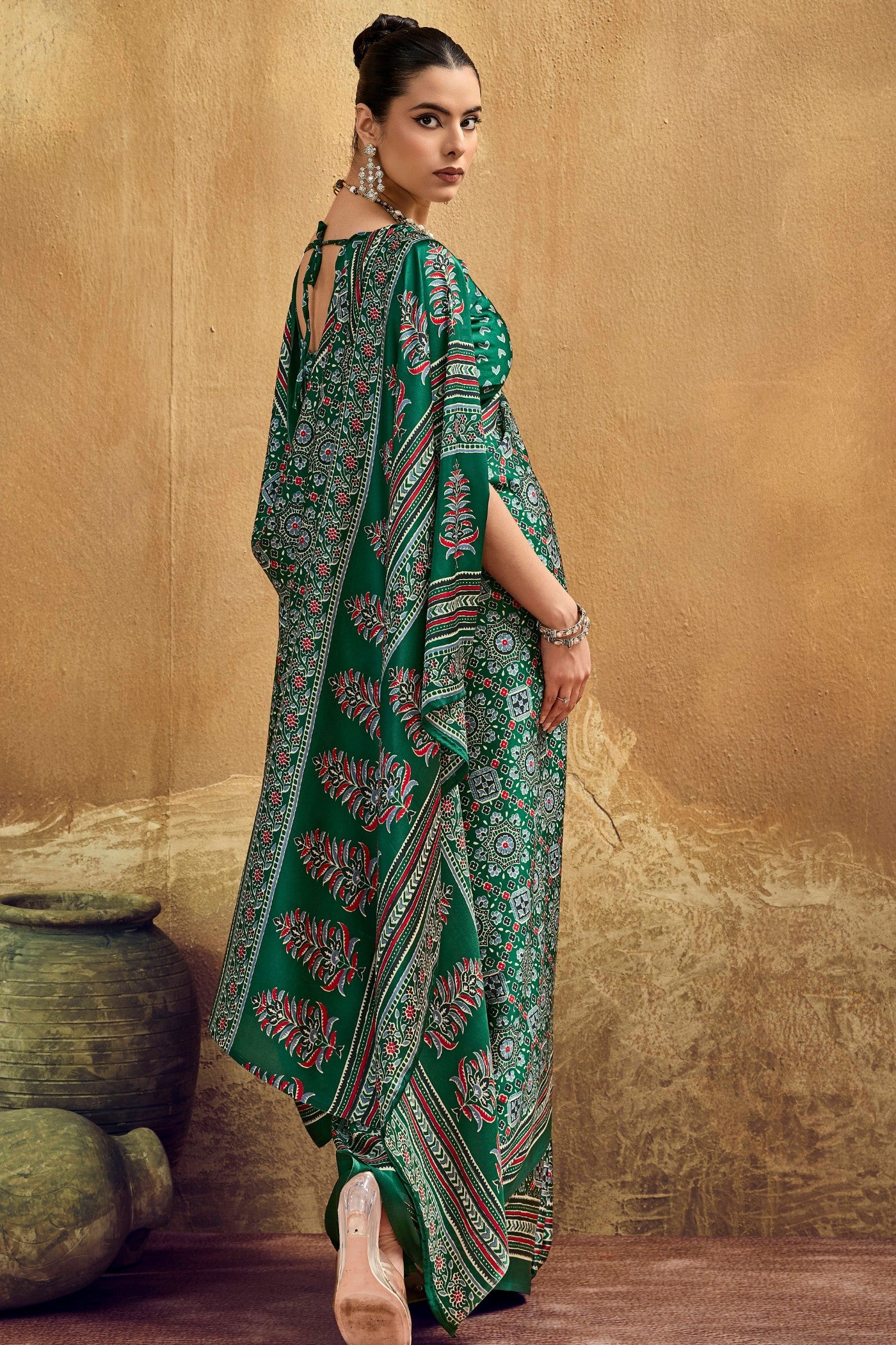 Buy MySilkLove Grass Green Modal Ajrakh Satin Printed Silk Saree Online