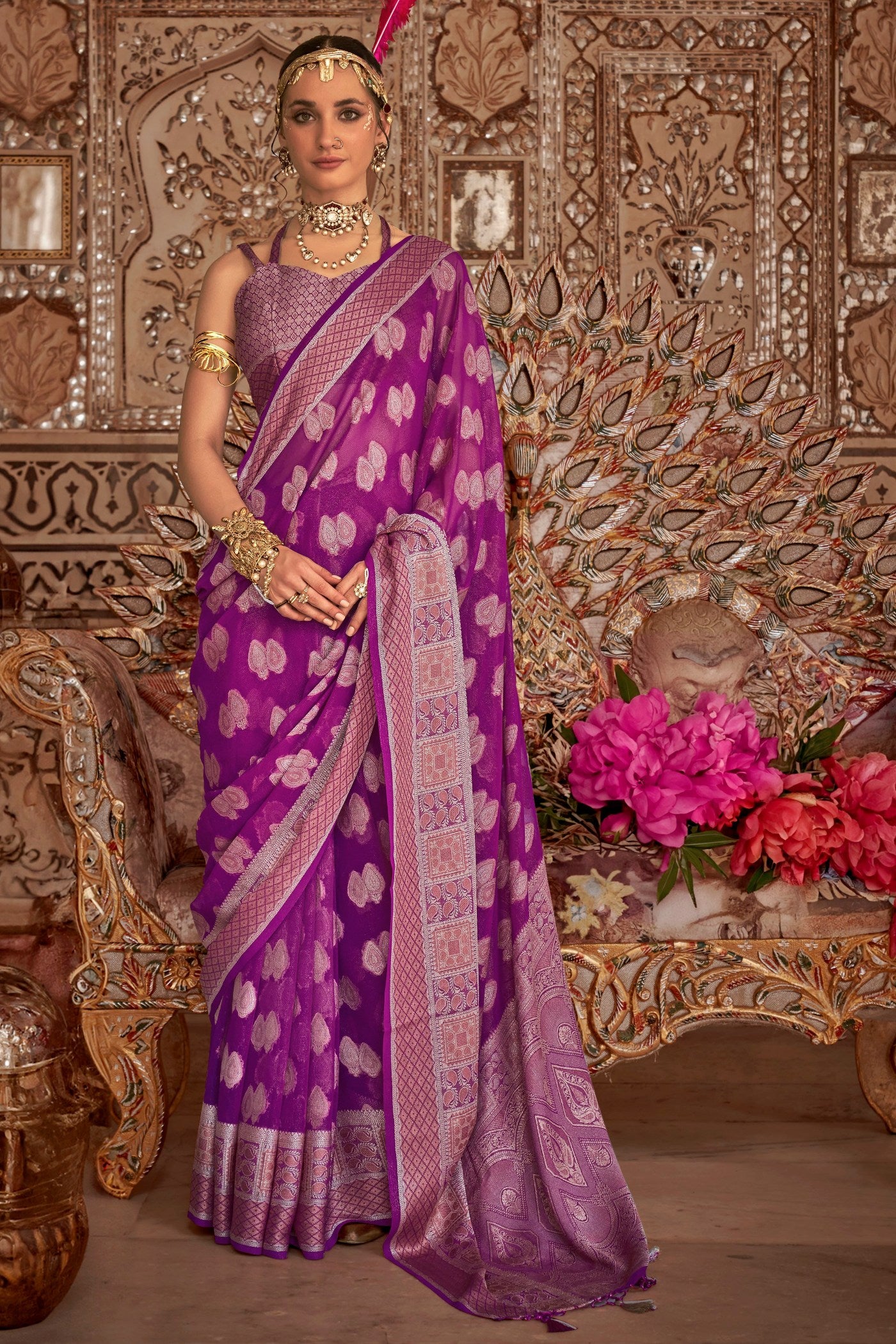 Buy MySilkLove Lolipop Purple Zari Woven Georgette Saree Online