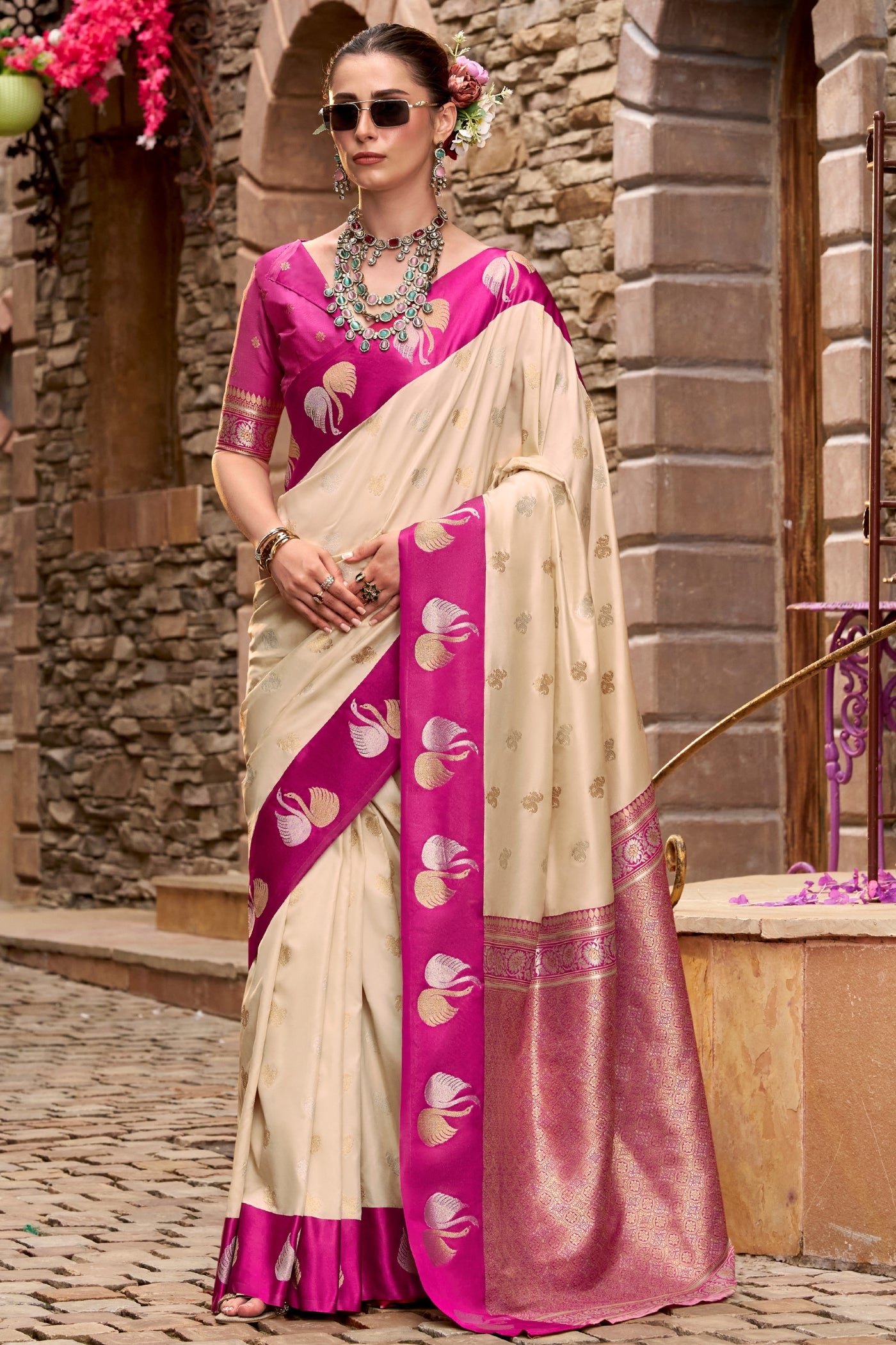Buy MySilkLove Coffee Cream Woven Satin Soft Silk Saree Online