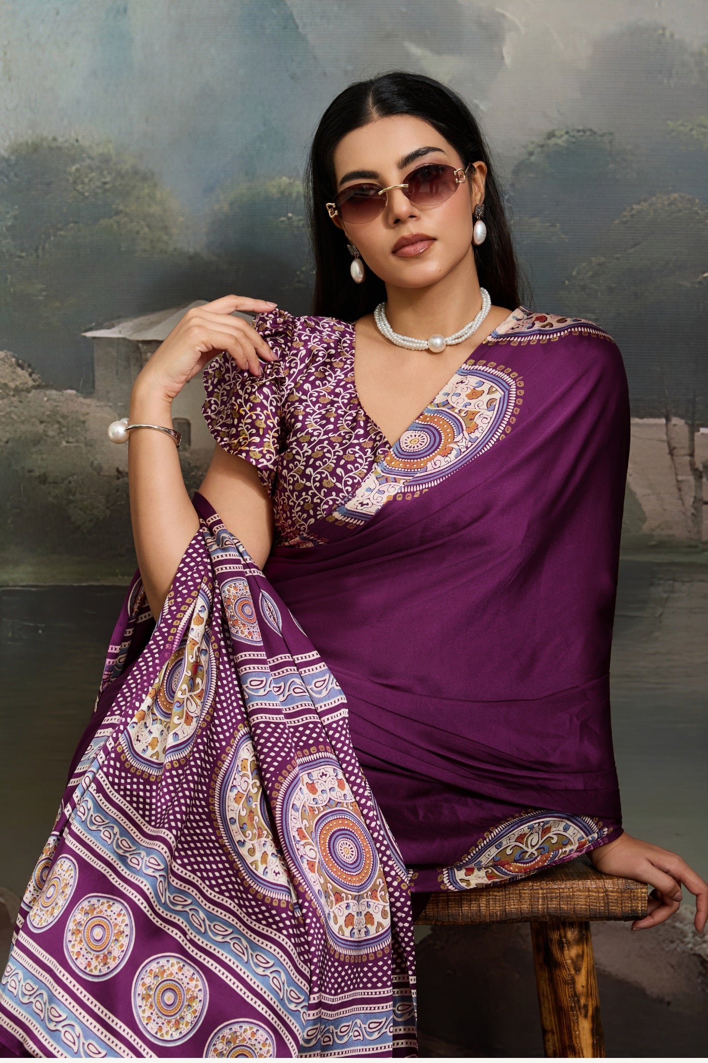 MySilkLove Tacao Purple Modal Ajrakh Printed Silk Saree