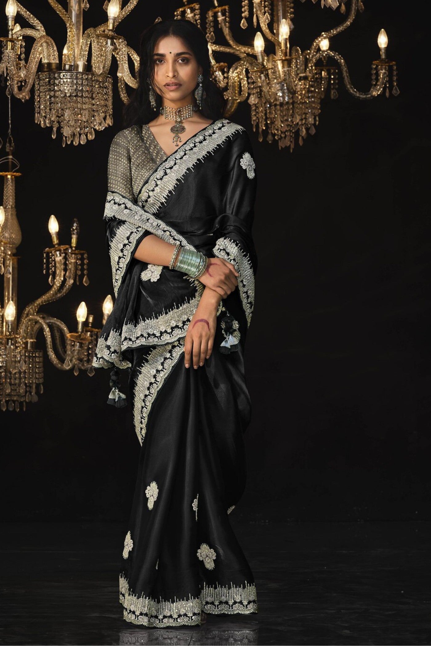 Buy MySilkLove Rich Black Tissue Embroidered Designer Saree Online