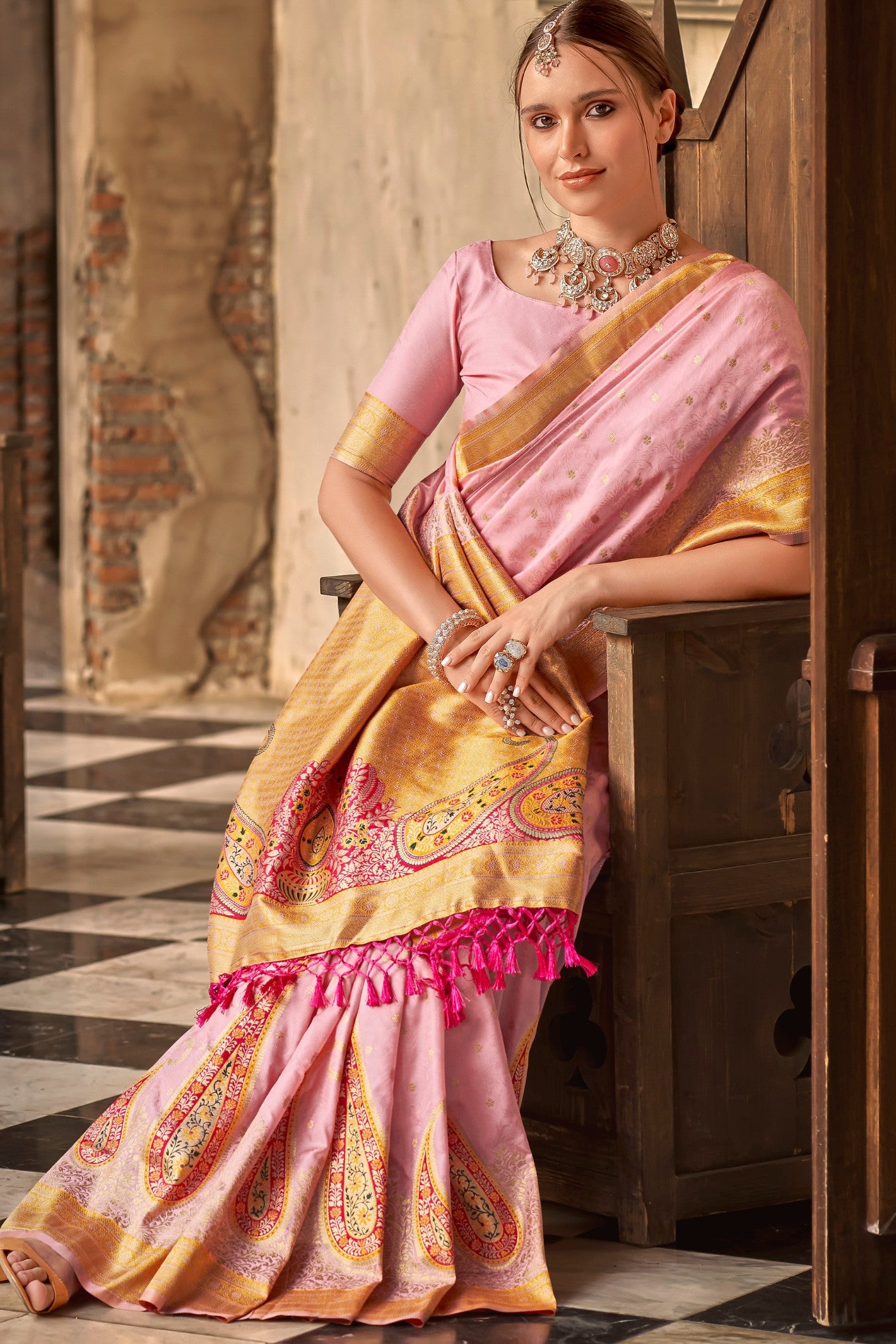 Buy MySilkLove Shilo Pink Banarasi Soft Silk Saree Online