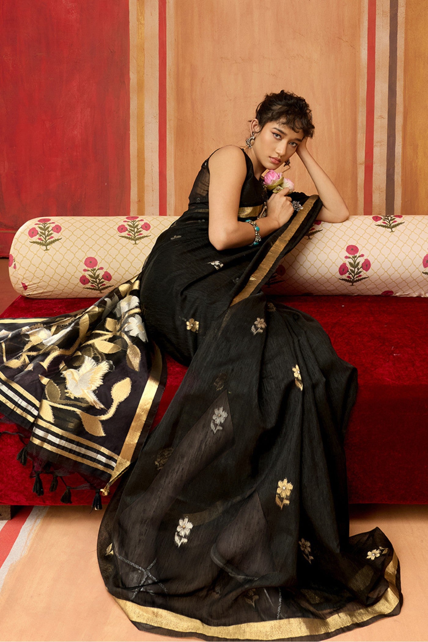 Buy MySilkLove Warlock Black Handloom Munga Cotton Saree Online