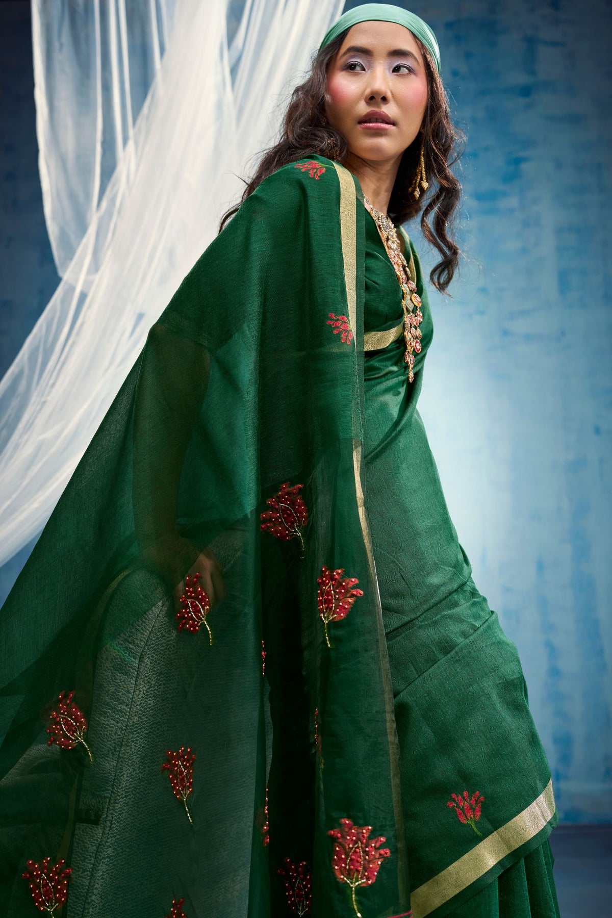 MySilkLove Bottle Green Munga Handloom Cotton Saree