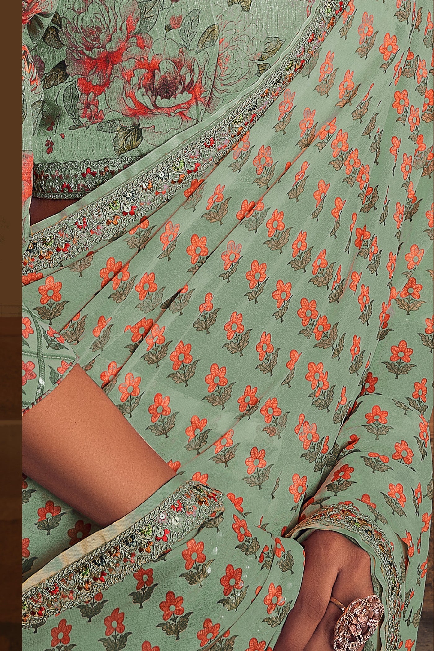 Buy MySilkLove Pista Green Georgette Digital Printed Saree Online