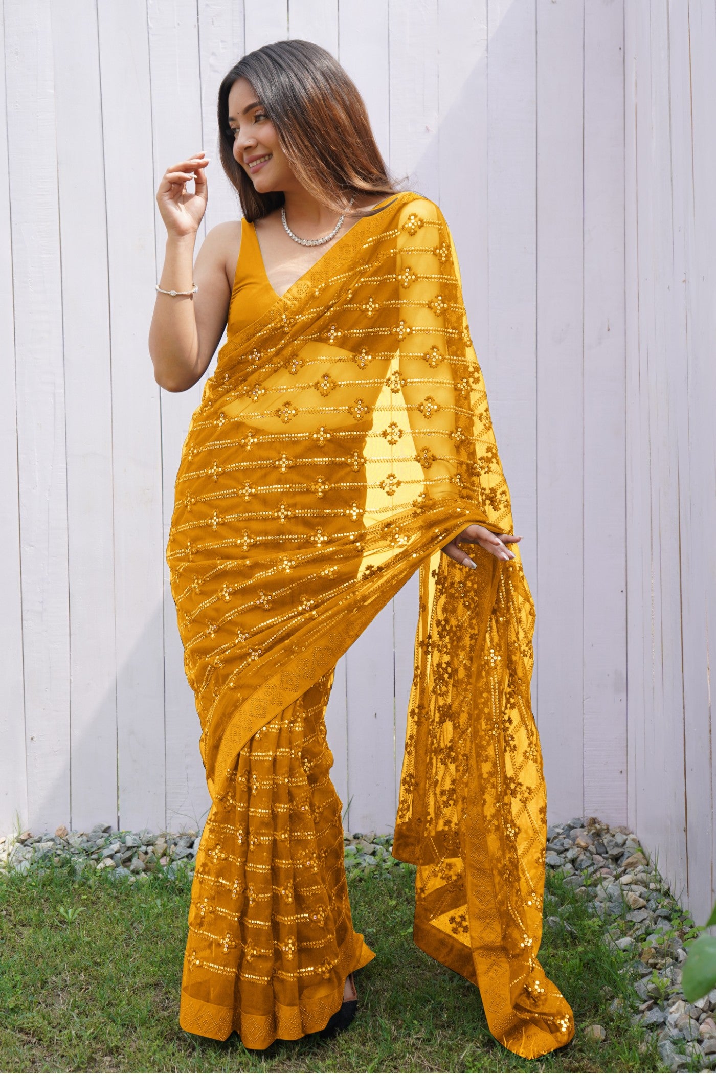 Buy MySilkLove Amber Yellow Embroidered Partywear Saree Online